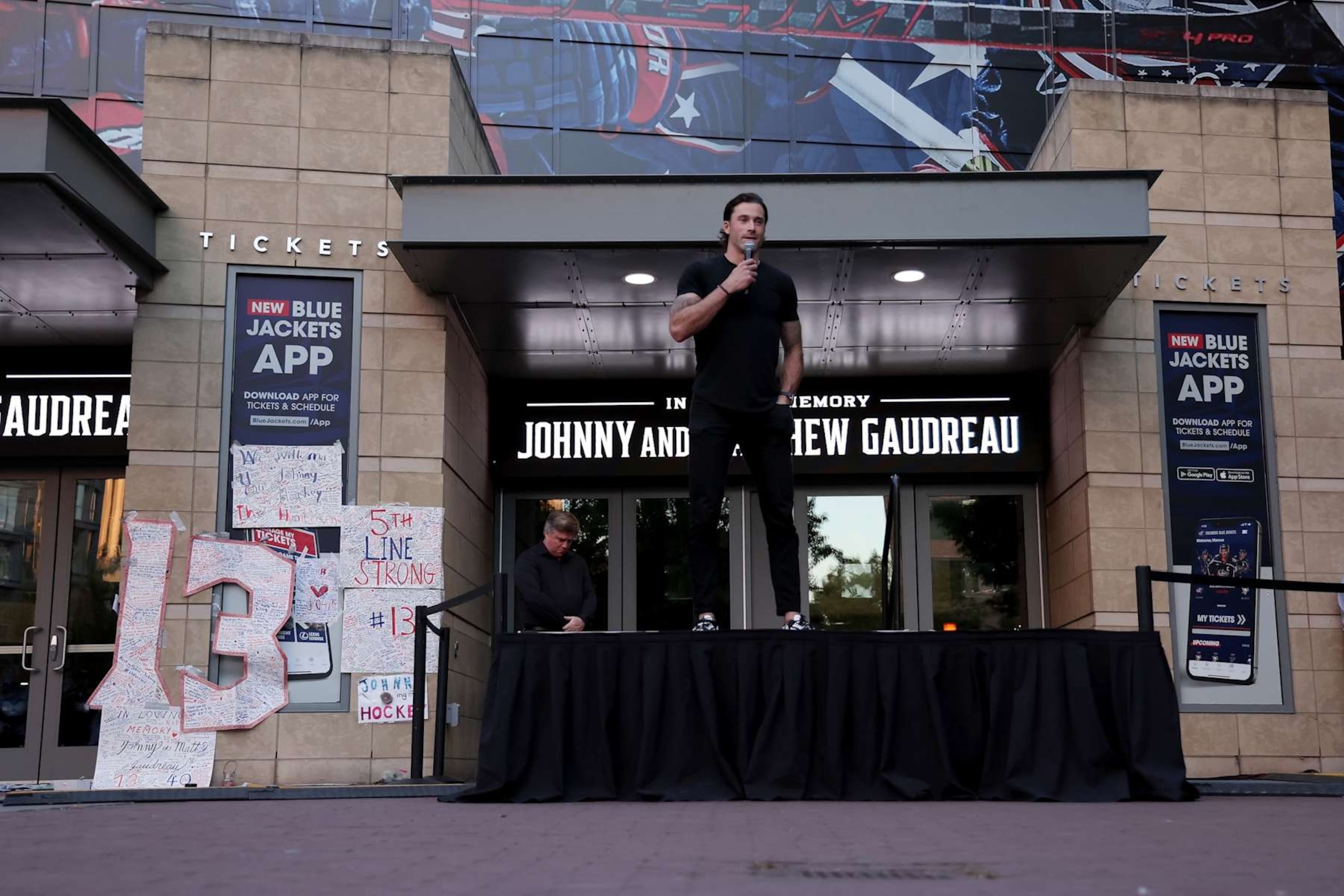 COLUMBUS, OHIO - SEPTEMBER 4:  Erik Gudbranson #44 of the Columbus Blue Jackets remembers his teammate Johnny Gaudreau #13 during a candlelight vigil in remembrance of Johnny and Matthew Gaudreau at Nationwide Arena on September 4, 2024 in Columbus, Ohio. (Photo by Kirk Irwin/Getty Images)