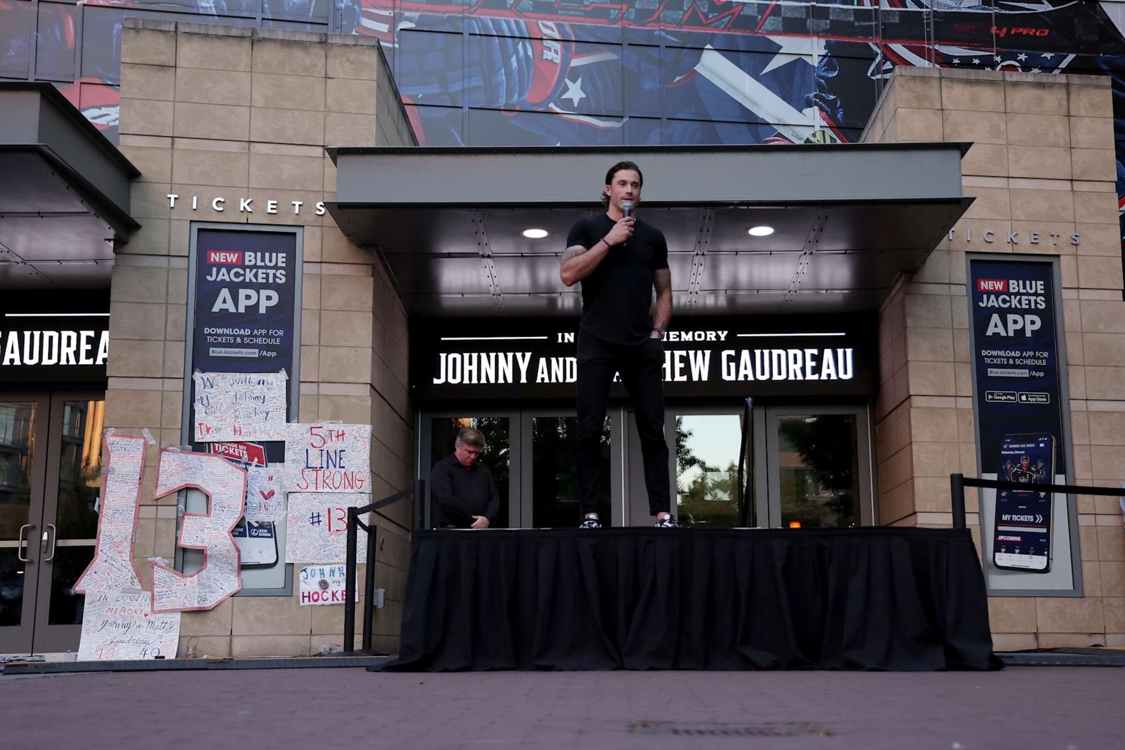 COLUMBUS, OHIO - SEPTEMBER 4:  Erik Gudbranson #44 of the Columbus Blue Jackets remembers his teammate Johnny Gaudreau #13 during a candlelight vigil in remembrance of Johnny and Matthew Gaudreau at Nationwide Arena on September 4, 2024 in Columbus, Ohio. (Photo by Kirk Irwin/Getty Images)