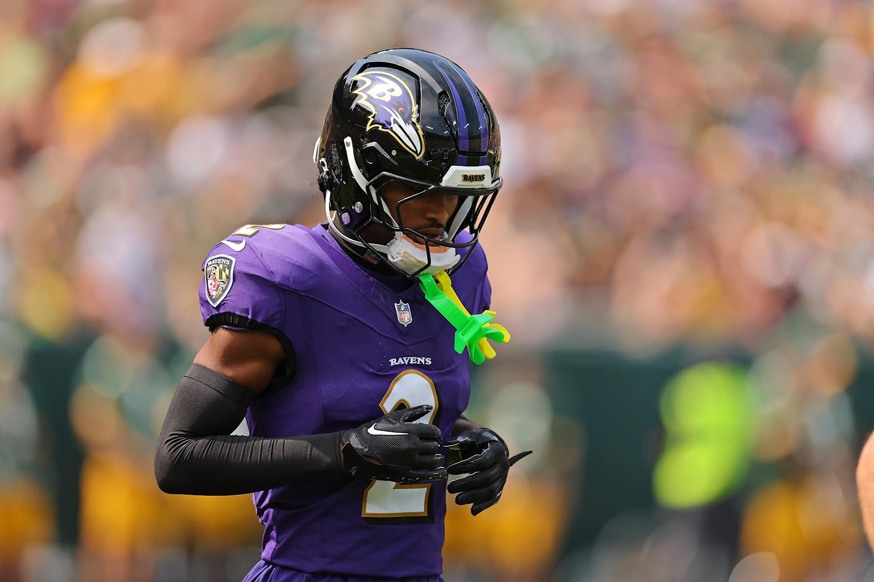 GREEN BAY, WISCONSIN - AUGUST 24: \bb2#2 of the Baltimore Ravens takes the field prior to a preseason game against the Green Bay Packers at Lambeau Field on August 24, 2024 in Green Bay, Wisconsin.  The Packers defeated the Ravens 30-7. (Photo by Stacy Revere/Getty Images)