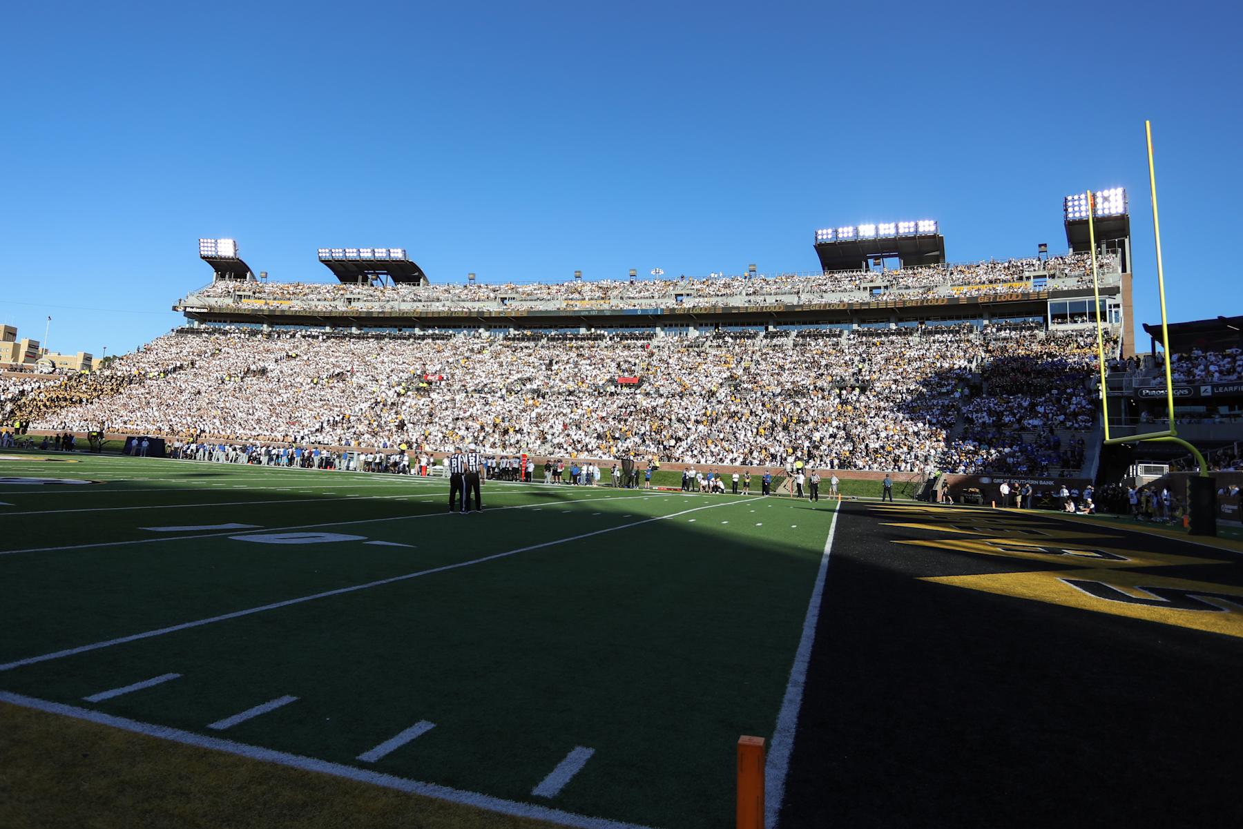 COLUMBIA, MO - SEPTEMBER 07: A wide view as the sun lights up the east stands of the stadium during a college football game between the Buffalo Bulls and Missouri Tigers on September 7, 2024 at Memorial Stadium in Columbia, MO. (Photo by Scott Winters/Icon Sportswire via Getty Images)