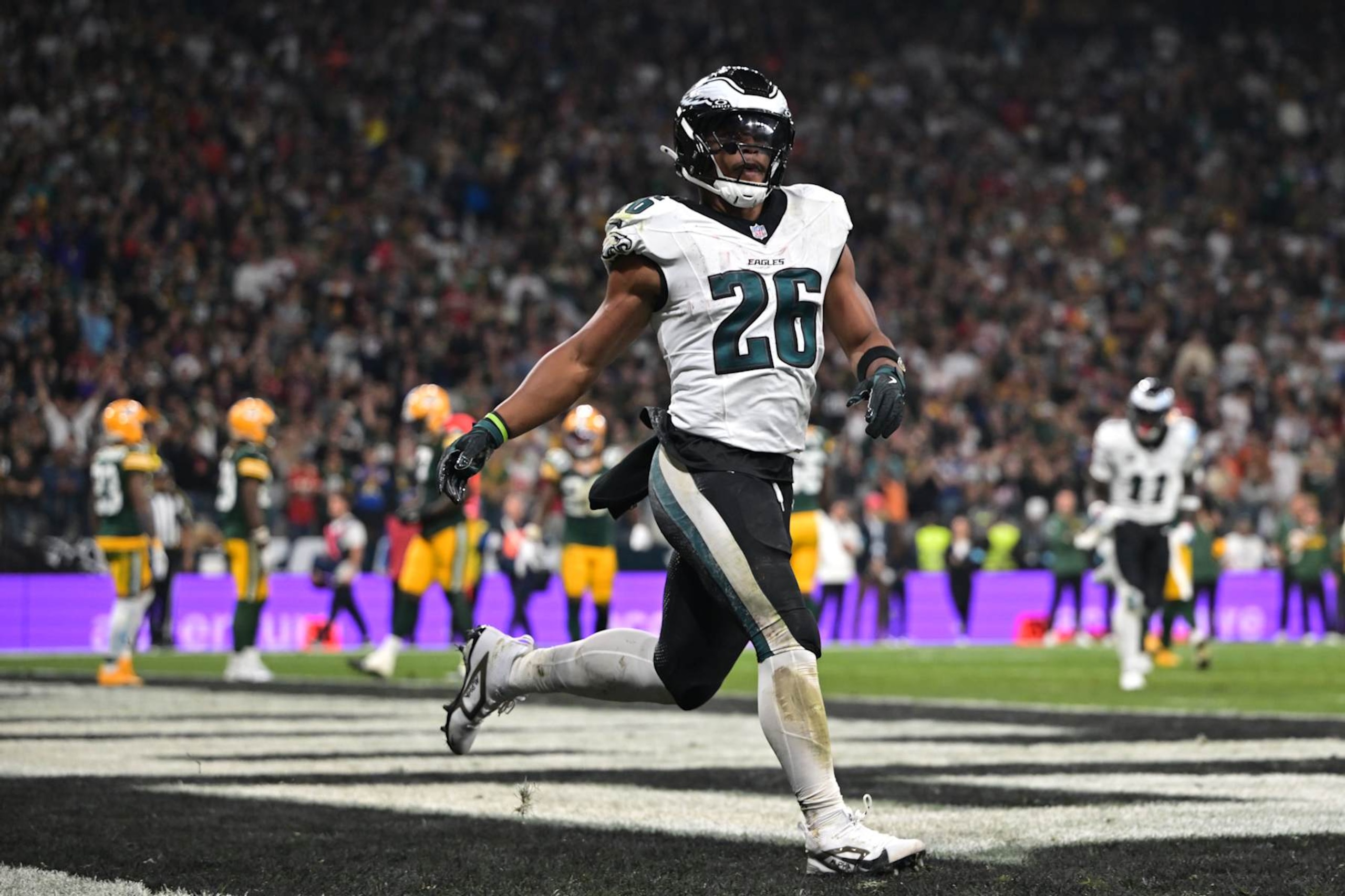 SAO PAULO, BRAZIL - SEPTEMBER 06: Saquon Barkley #26 of the Philadelphia Eagles celebrates after a touchdown during the second quarter against the Green Bay Packers at Arena Corinthians on September 06, 2024 in Sao Paulo, Brazil. (Photo by Pedro Vilela/Getty Images)