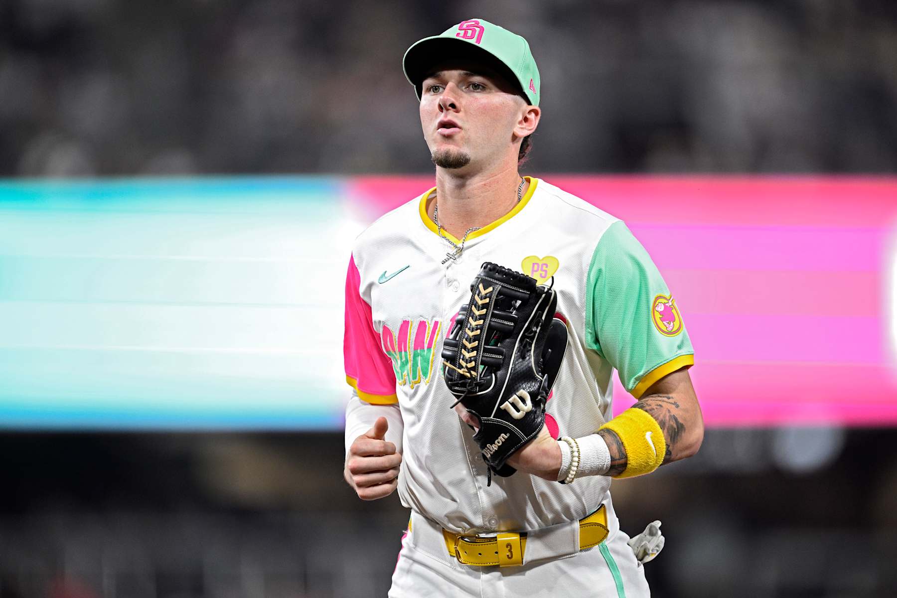 SAN DIEGO, CALIFORNIA - SEPTEMBER 06: Jackson Merrill #3 of the San Diego Padres looks on during the third inning against the San Francisco Giants at Petco Park on September 06, 2024 in San Diego, California. (Photo by Orlando Ramirez/Getty Images) SAN DIEGO, CALIFORNIA - SEPTEMBER 06: Jackson Merrill #3 of the San Diego Padres looks on during the third inning against the San Francisco Giants at Petco Park on September 06, 2024 in San Diego, California. (Photo by Orlando Ramirez/Getty Images)
