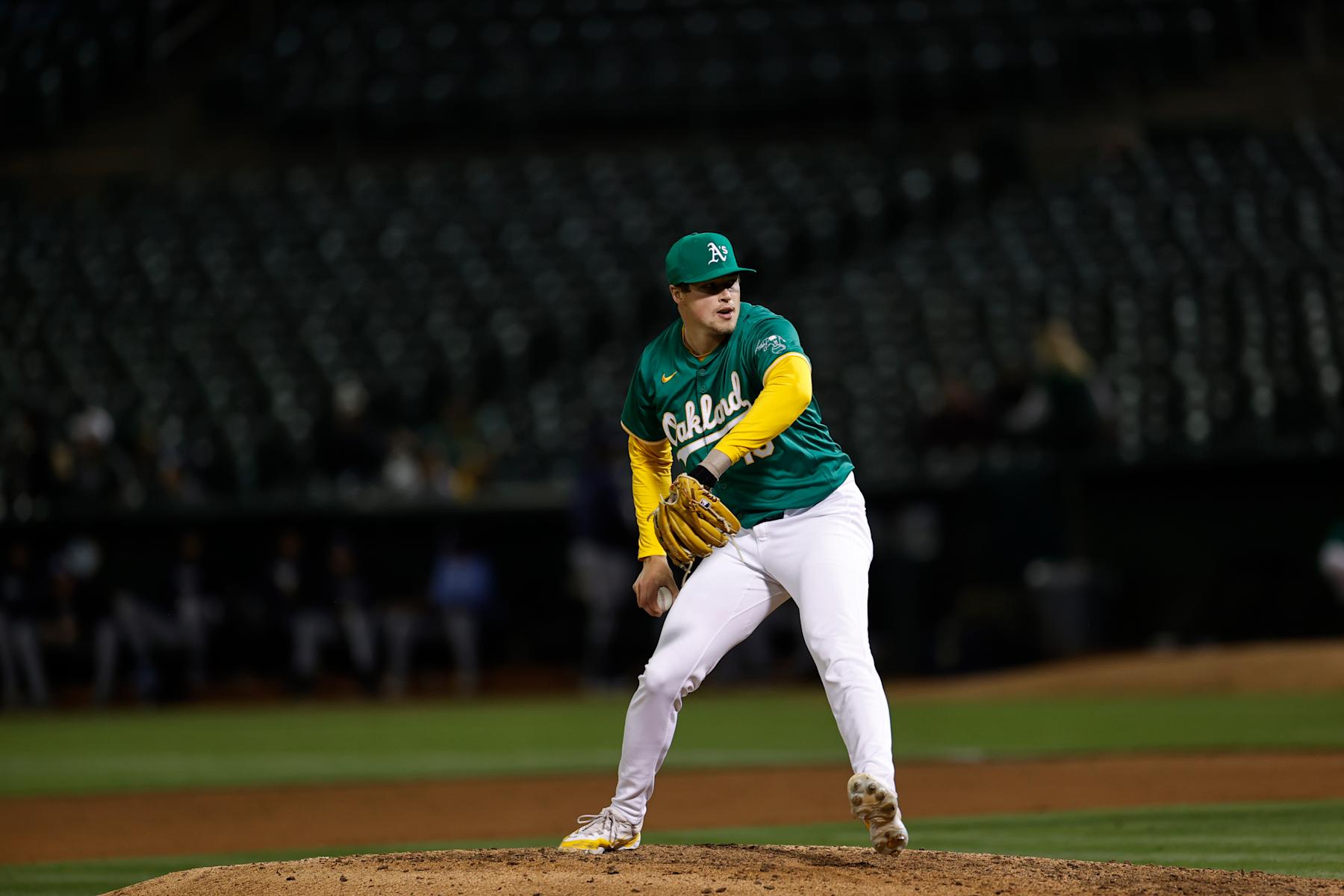 OAKLAND, CA - AUGUST 19: Mason Miller #19 of the Oakland Athletics pitches during the game against the Tampa Bay Rays at the Oakland Coliseum on August 19, 2024 in Oakland, California. The Athletics defeated the Rays 3-0. (Photo by Michael Zagaris/Oakland Athletics/Getty Images) OAKLAND, CA - AUGUST 19: Mason Miller #19 of the Oakland Athletics pitches during the game against the Tampa Bay Rays at the Oakland Coliseum on August 19, 2024 in Oakland, California. The Athletics defeated the Rays 3-0. (Photo by Michael Zagaris/Oakland Athletics/Getty Images)