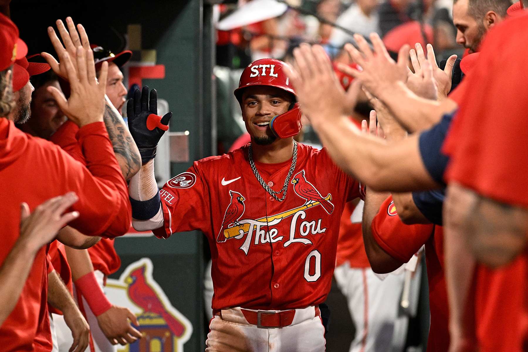 ST LOUIS, MISSOURI - AUGUST 16: Masyn Winn #0 of the St. Louis Cardinals is congratulated after hitting a solo home run against the Los Angeles Dodgers at Busch Stadium on August 16, 2024 in St Louis, Missouri. (Photo by Joe Puetz/Getty Images) ST LOUIS, MISSOURI - AUGUST 16: Masyn Winn #0 of the St. Louis Cardinals is congratulated after hitting a solo home run against the Los Angeles Dodgers at Busch Stadium on August 16, 2024 in St Louis, Missouri. (Photo by Joe Puetz/Getty Images)