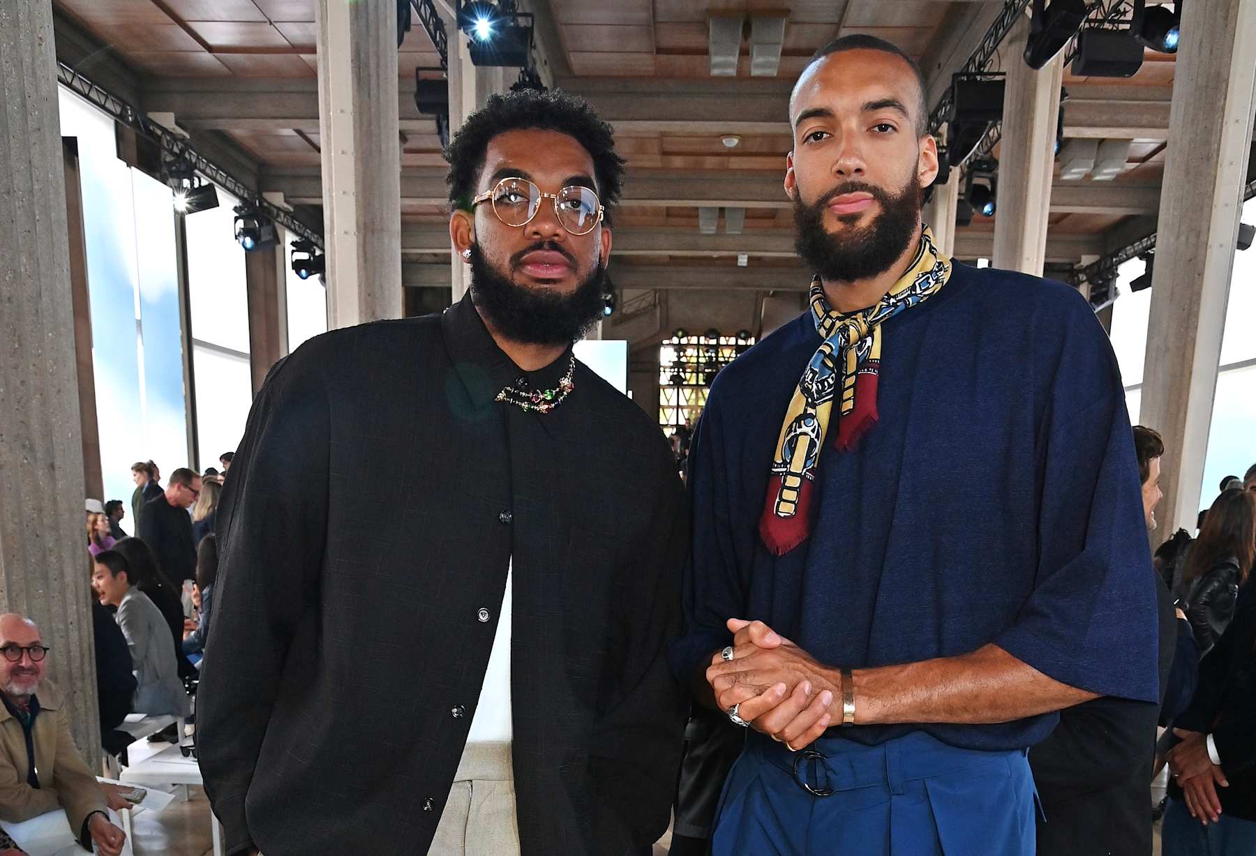 PARIS, FRANCE - JUNE 21: Karl-Anthony Towns and Rudy Gobert attend the Hermes SS25 Men's Show as part of Paris Fashion Week at Palais d'Iena on June 22, 2024 in Paris, France. (Photo by Dave Benett/Getty Images for Hermes)