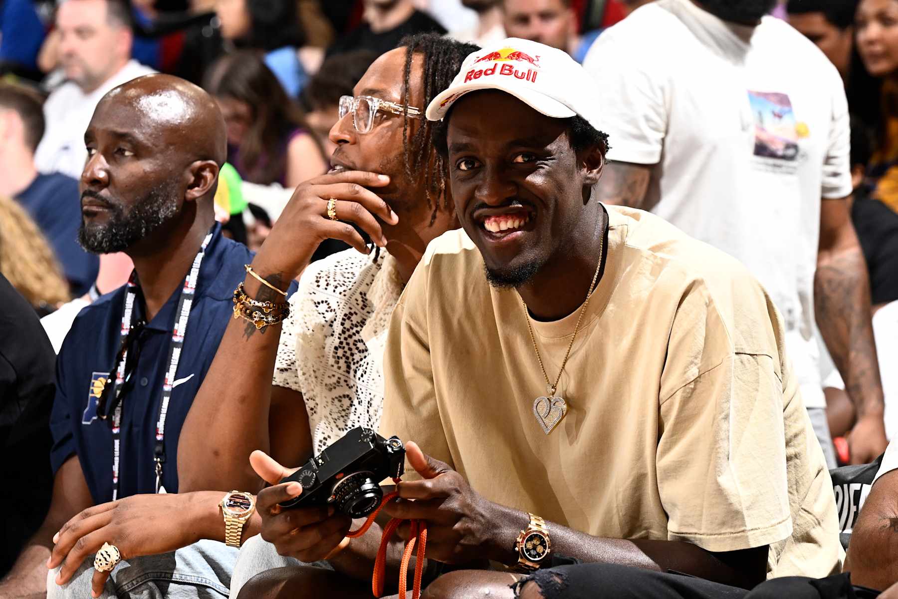 LAS VEGAS, NV - JULY 12: Pascal Siakam #43 of the Indiana Pacers sits court side during the game against the Brooklyn Nets on July 12, 2024 at The Pavilion in Las Vegas, Nevada. NOTE TO USER: User expressly acknowledges and agrees that, by downloading and or using this photograph, User is consenting to the terms and conditions of the Getty Images License Agreement. Mandatory Copyright Notice: Copyright 2024 NBAE (Photo by David Dow/NBAE via Getty Images)