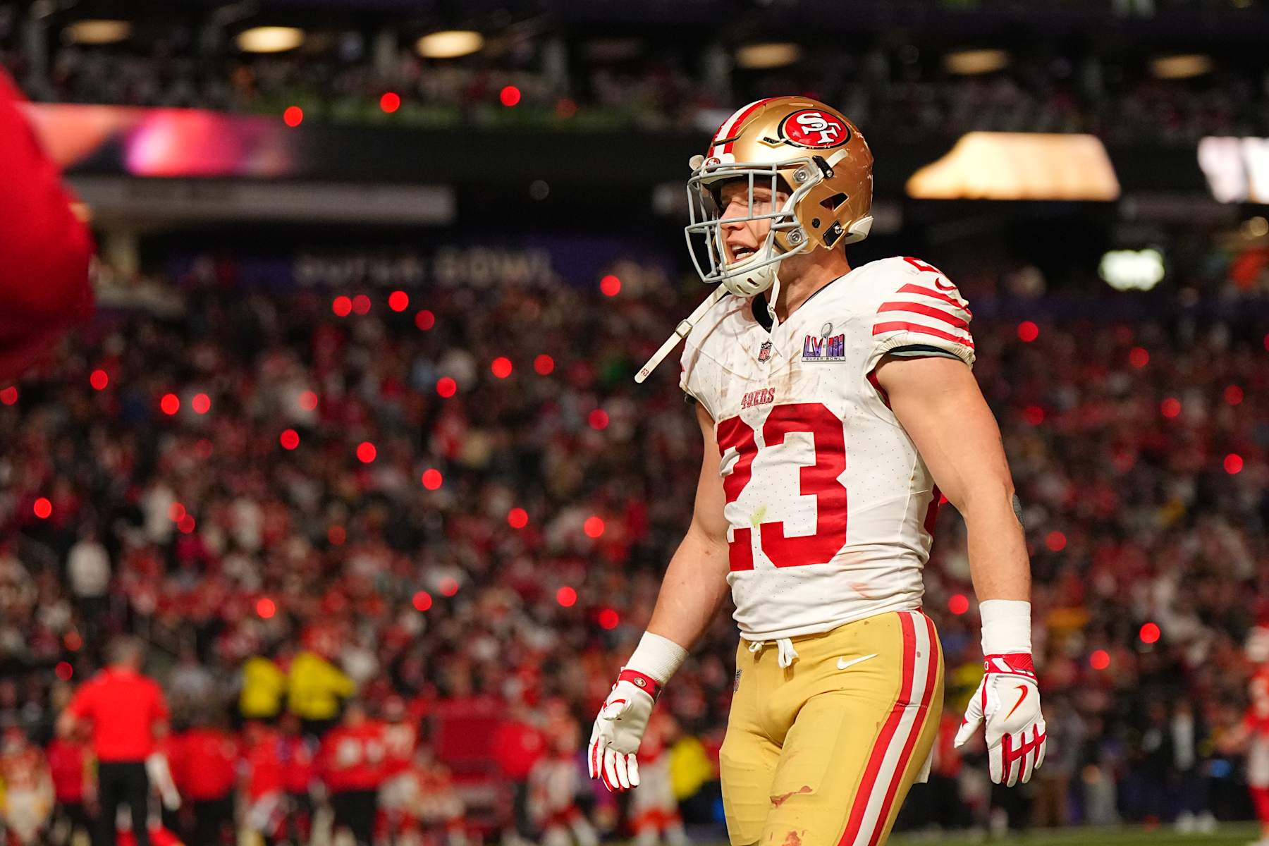 Football: Super Bowl LVIII: San Francisco 49ers Christian McCaffrey (23) in action, walks on the field vs Kansas City Chiefs at Allegiant Stadium.
Las Vegas, NV 2/11/2024
CREDIT: Erick W. Rasco (Photo by Erick W. Rasco/Sports Illustrated via Getty Images)
(Set Number: X164496 TK1)