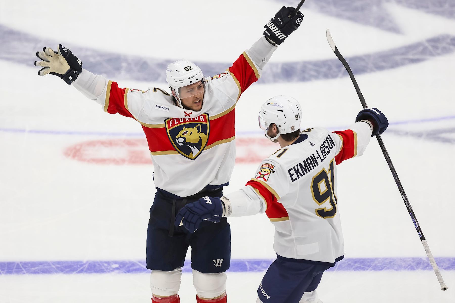 TAMPA, FL - APRIL 25: Brandon Montour #62 of the Florida Panthers celebrates a goal with teammate Oliver Ekman-Larsson #91 against the Tampa Bay Lightning in Game Three of the First Round of the 2024 Stanley Cup Playoffs at Amalie Arena on April 25, 2024 in Tampa, Florida. (Photo by Mike Carlson/NHLI via Getty Images)