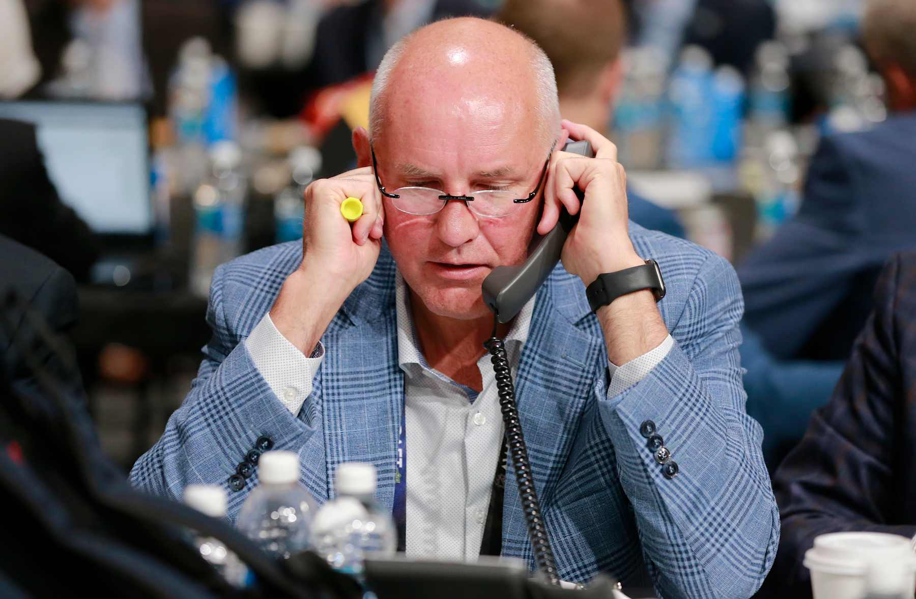 NASHVILLE, TENNESSEE - JUNE 29: General manager Doug Armstrong of the St. Louis Blues talks on his phone during the 2023 Upper Deck NHL Draft - Rounds 2-7 at Bridgestone Arena on June 29, 2023 in Nashville, Tennessee. (Photo by Jeff Vinnick/NHLI via Getty Images)