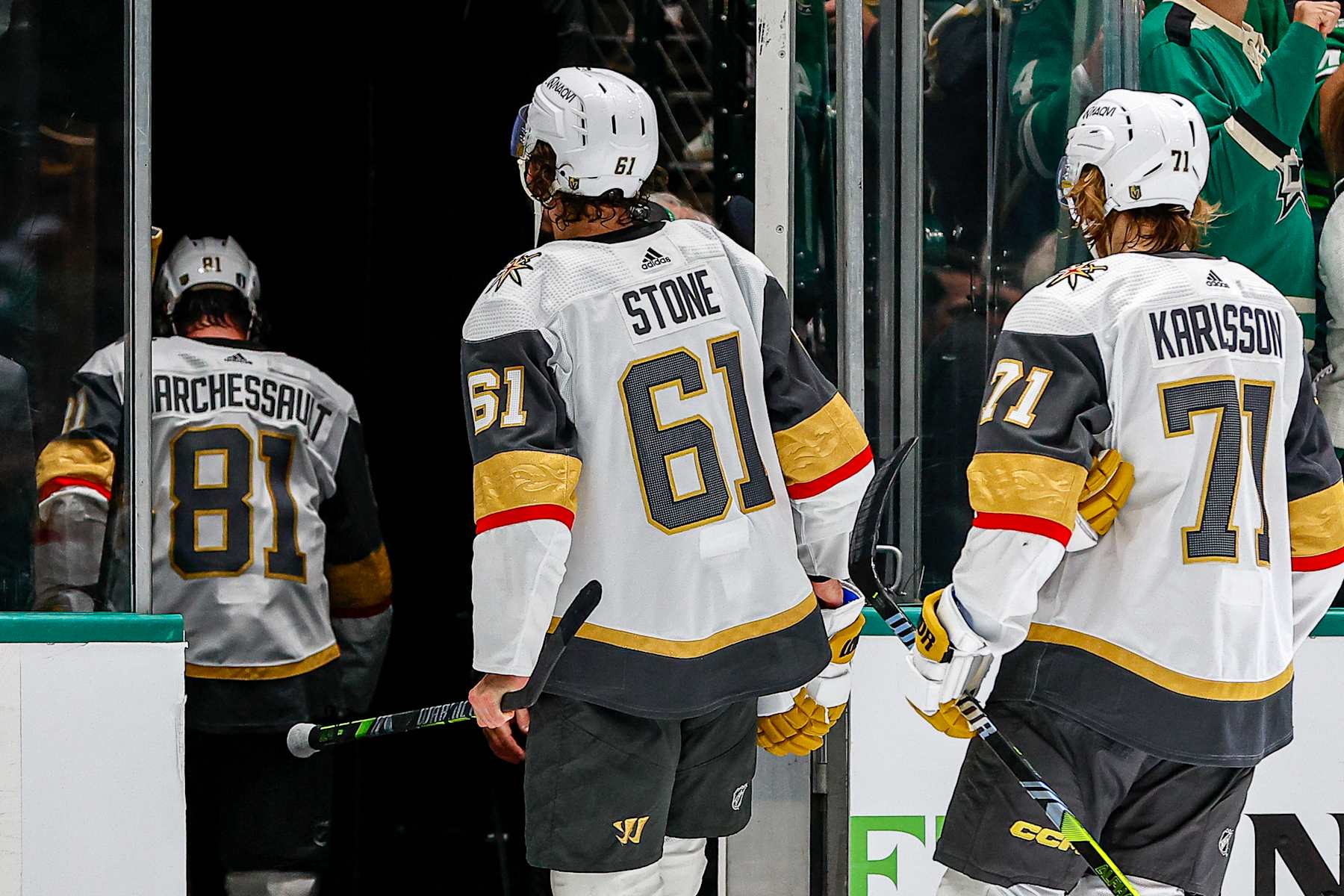 DALLAS, TX - MAY 05: Vegas Golden Knights right wing Jonathan Marchessault (81), right wing Mark Stone (61) and center William Karlsson (71) leave the ice after game seven of the Western Conference First Round between the Dallas Stars and the Vegas Golden Knights on May 5, 2024 at American Airlines Center in Dallas, Texas. (Photo by Matthew Pearce/Icon Sportswire via Getty Images)