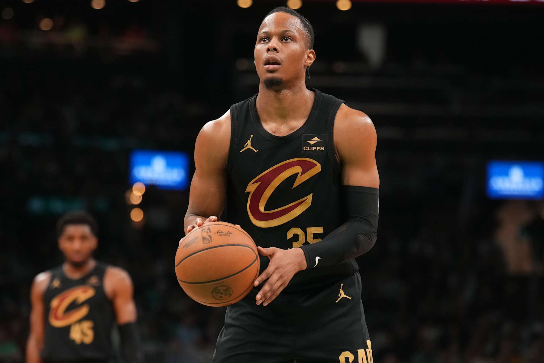 BOSTON, MA - MAY 9: Isaac Okoro #35 of the Cleveland Cavaliers shoots a free throw during the game against the Boston Celtics during Round 2 Game 2 of the 2024 NBA Playoffs on May 9, 2024 at the TD Garden in Boston, Massachusetts. NOTE TO USER: User expressly acknowledges and agrees that, by downloading and or using this photograph, User is consenting to the terms and conditions of the Getty Images License Agreement. Mandatory Copyright Notice: Copyright 2024 NBAE  (Photo by Jesse D. Garrabrant/NBAE via Getty Images)