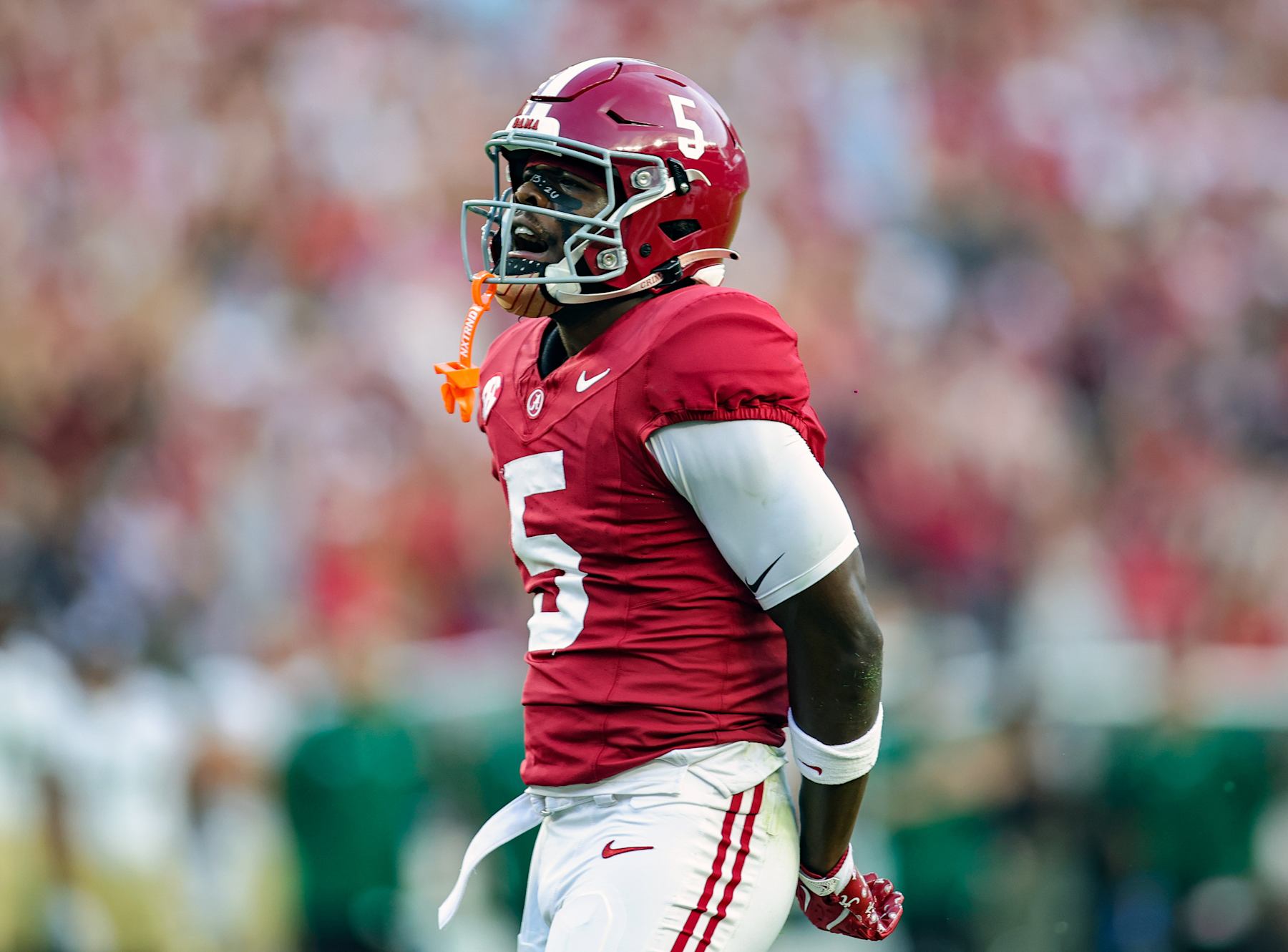 TUSCALOOSA, ALABAMA - SEPTEMBER 7: Germie Bernard #5 of the Alabama Crimson Tide celebrates a big play during the first half against the South Florida Bulls at Bryant-Denny Stadium on September 7, 2024 in Tuscaloosa, Alabama. (Photo by Brandon Sumrall/Getty Images)