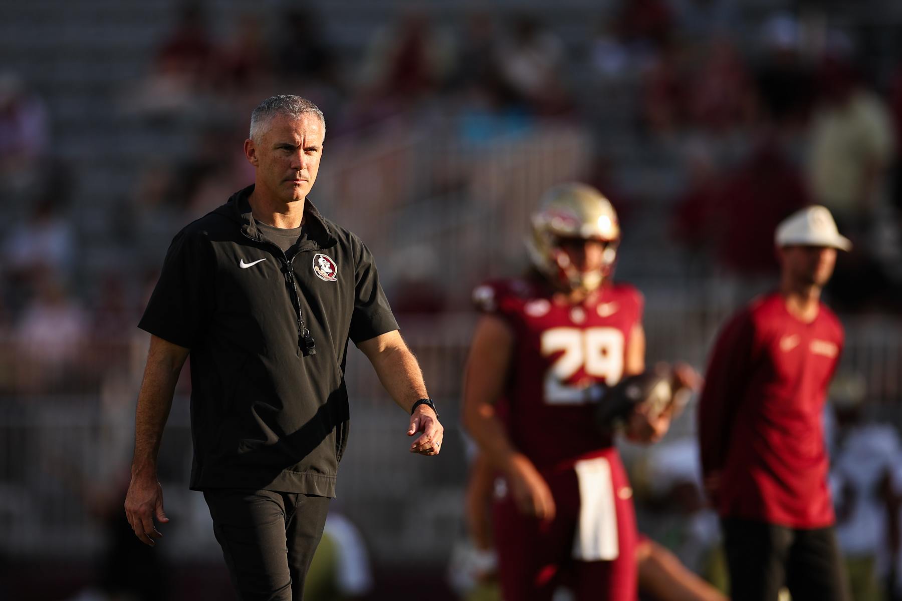 TALLAHASSEE, FLORIDA - SEPTEMBER 02: Head coach Mike Norvell of the Florida State Seminoles looks on before the start of a game against the Boston College Eagles at Doak Campbell Stadium on September 02, 2024 in Tallahassee, Florida. (Photo by James Gilbert/Getty Images)