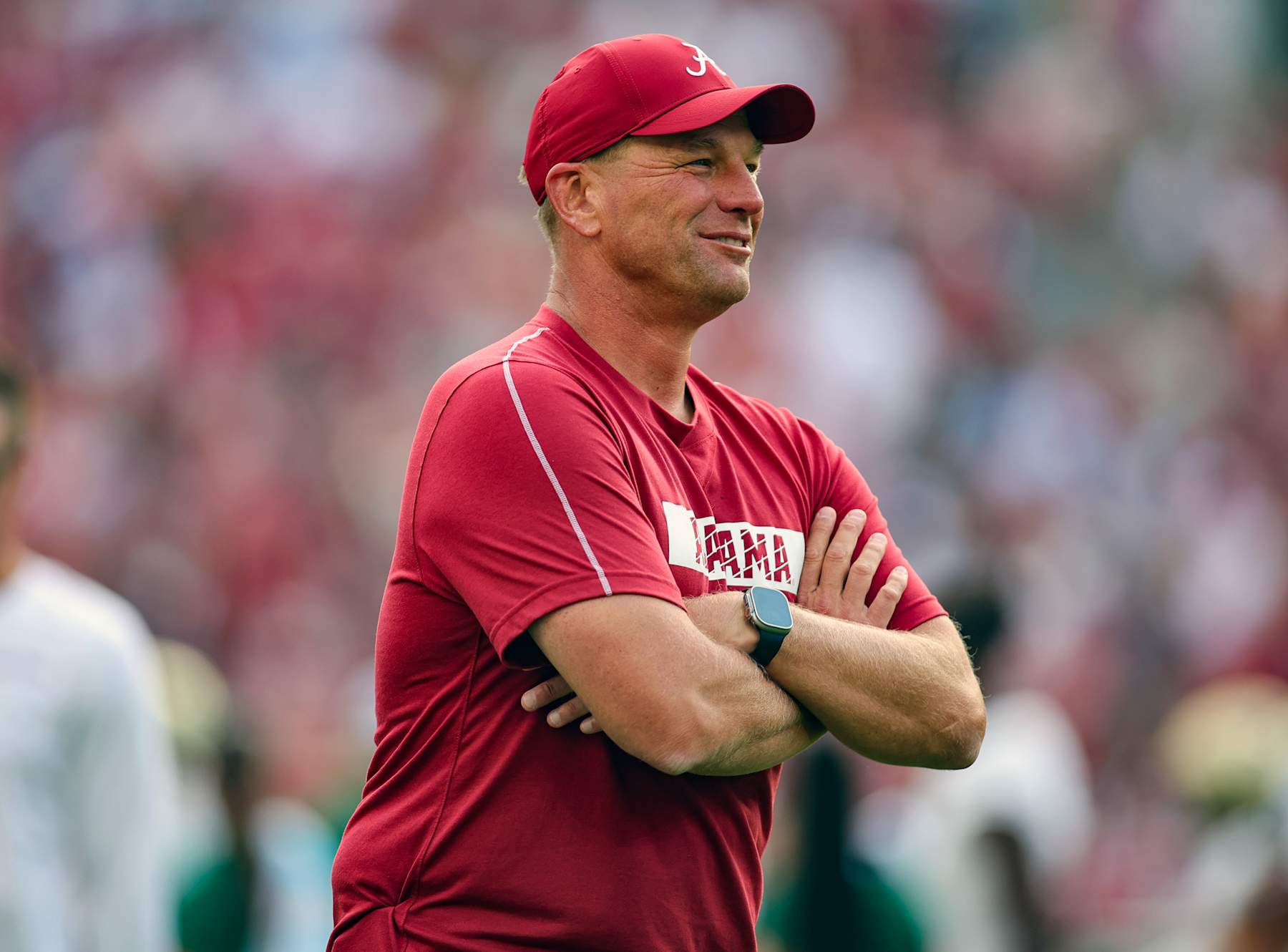 TUSCALOOSA, ALABAMA - SEPTEMBER 7: head coach Kalen DeBoer of the Alabama Crimson Tide is all smiles prior to kickoff against the South Florida Bulls at Bryant-Denny Stadium on September 7, 2024 in Tuscaloosa, Alabama. (Photo by Brandon Sumrall/Getty Images)