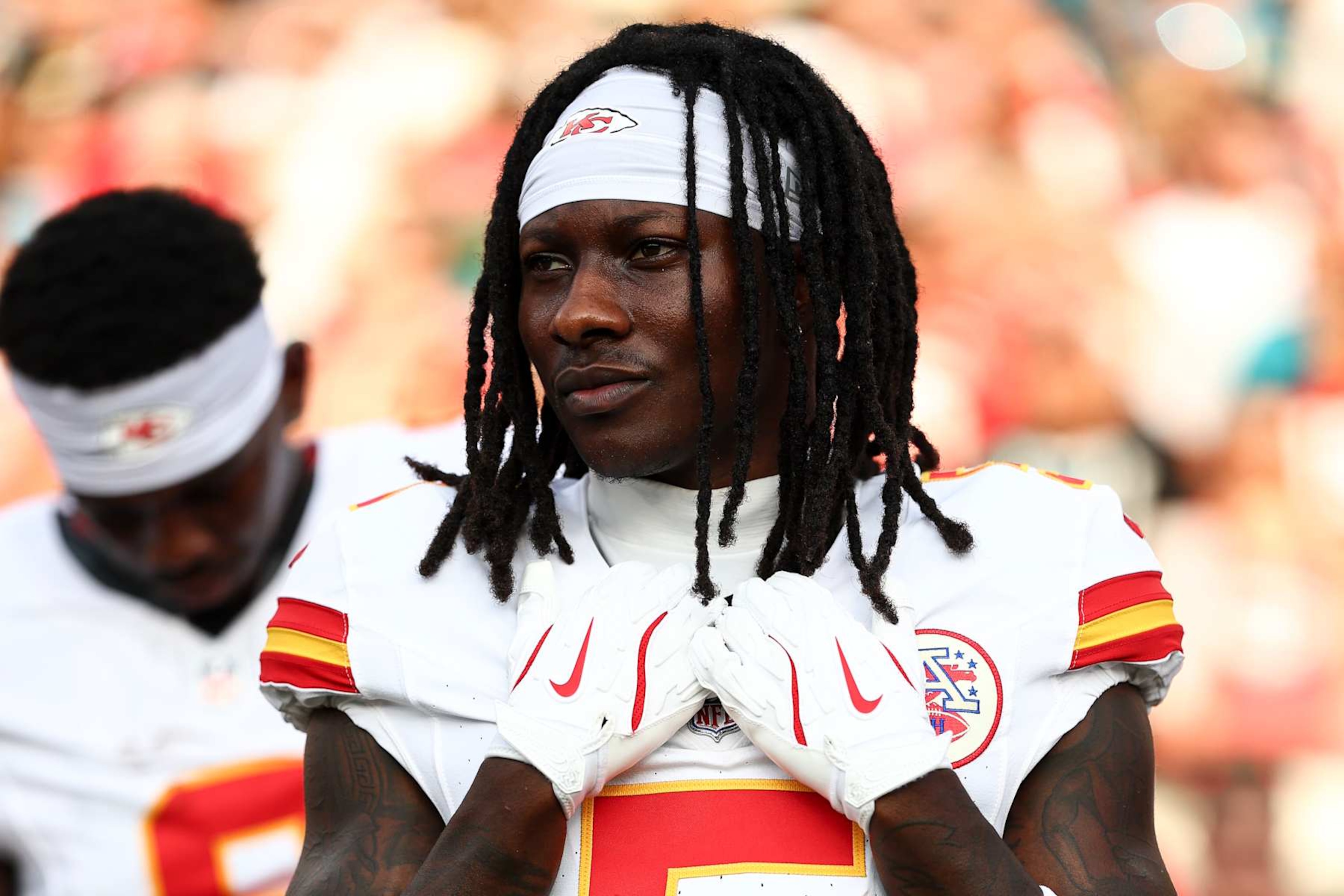 JACKSONVILLE, FL - AUGUST 10: Marquise Brown #5 of the Kansas City Chiefs stands on the sidelines prior to an NFL preseason football game against the Jacksonville Jaguars at EverBank Stadium on August 10, 2024 in Jacksonville, Florida. (Photo by Kevin Sabitus/Getty Images) JACKSONVILLE, FL - AUGUST 10: Marquise Brown #5 of the Kansas City Chiefs stands on the sidelines prior to an NFL preseason football game against the Jacksonville Jaguars at EverBank Stadium on August 10, 2024 in Jacksonville, Florida. (Photo by Kevin Sabitus/Getty Images)