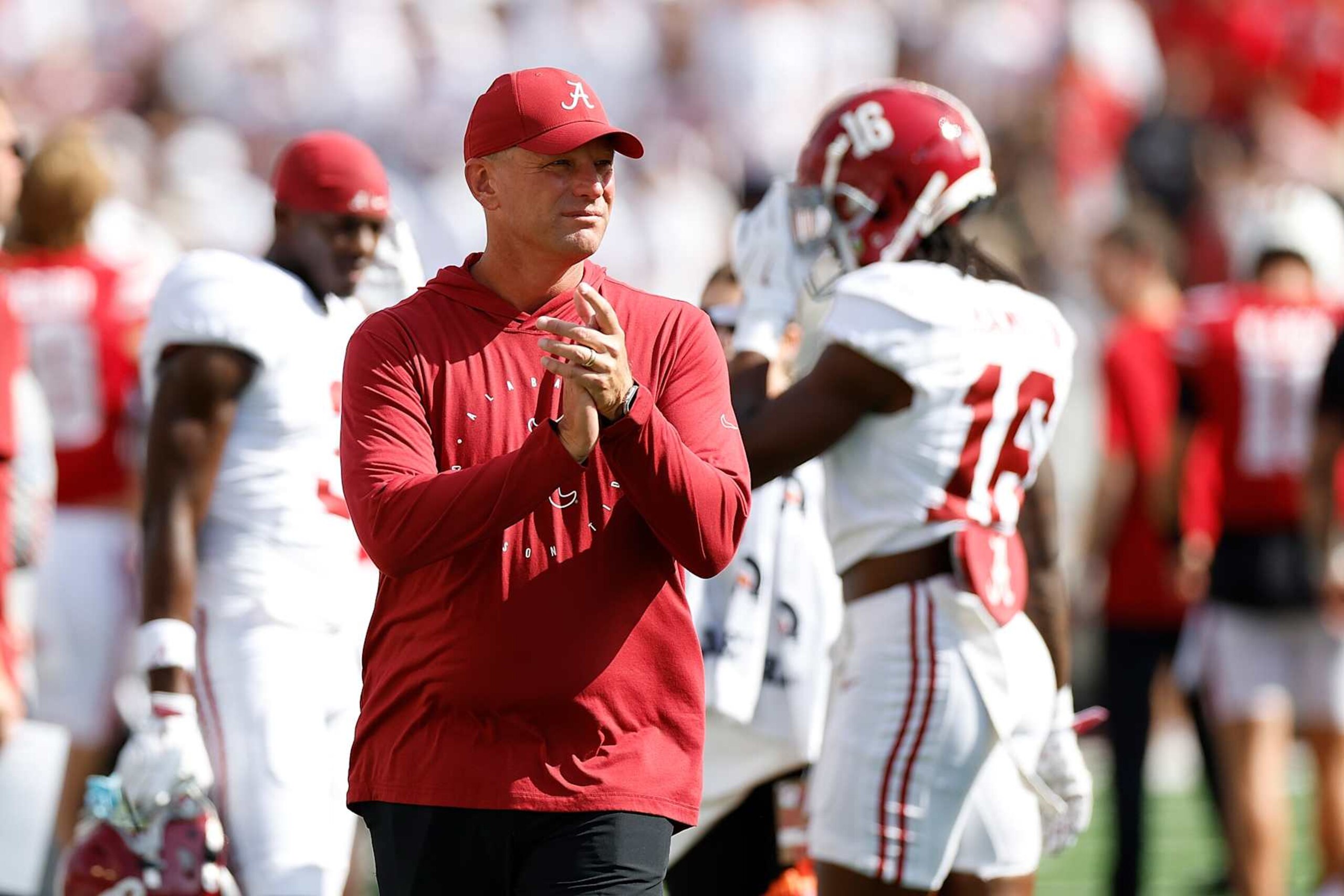 MADISON, WISCONSIN - SEPTEMBER 14: Kalen DeBoer head coach of the Alabama Crimson Tide looks on before game against the Wisconsin Badgers at Camp Randall Stadium on September 14, 2024 in Madison, Wisconsin. (Photo by John Fisher/Getty Images)