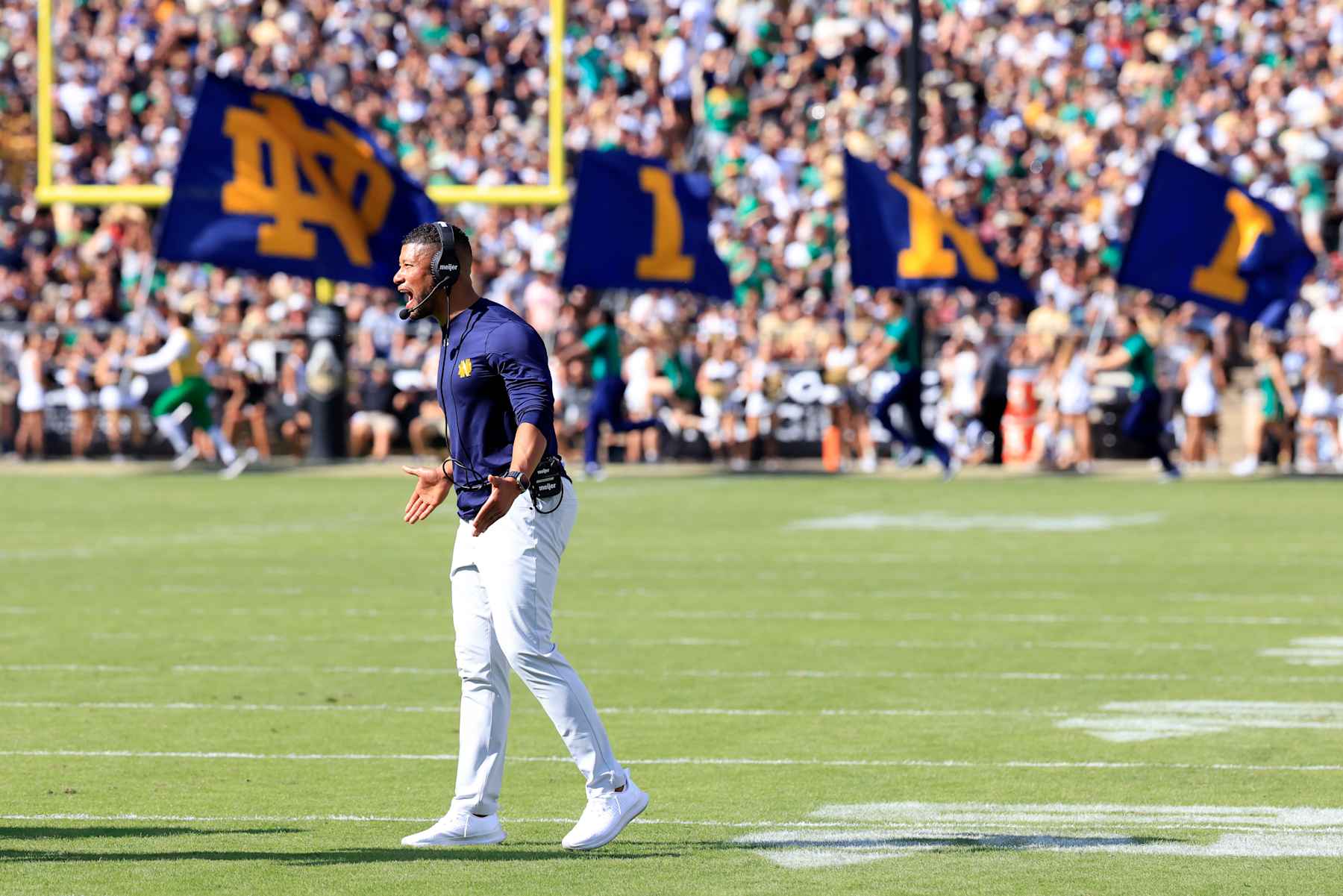 WEST LAFAYETTE, INDIANA - SEPTEMBER 14: Head coach Marcus Freeman of the Notre Dame Fighting Irish reacts after a touchdown during the first half against the Purdue Boilermakers at Ross-Ade Stadium on September 14, 2024 in West Lafayette, Indiana. (Photo by Justin Casterline/Getty Images)
