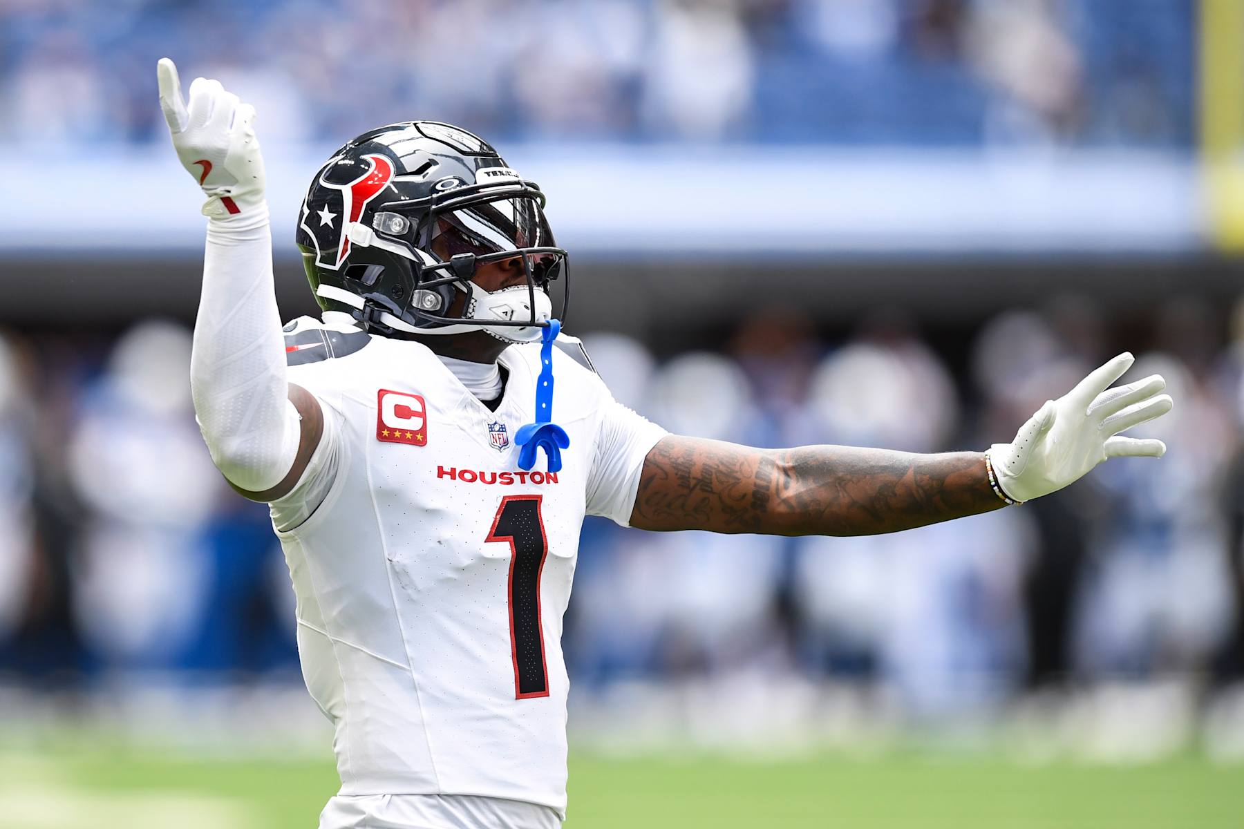 INDIANAPOLIS, IN - SEPTEMBER 08: Houston Texans Wide Receiver Stefon Diggs (1) dances before the NFL game between the Houston Texans and the Indianapolis Colts on September 8, 2024, at Lucas Oil Stadium in Indianapolis, Indiana. (Photo by Michael Allio/Icon Sportswire via Getty Images)