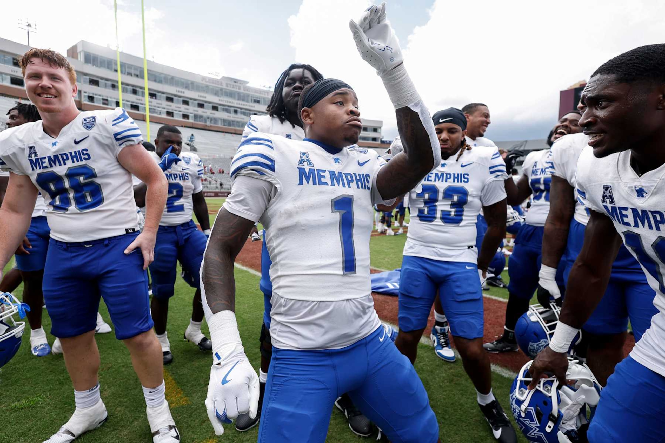 TALLAHASSEE, FL - SEPTEMBER 14: Wide Receiver Ja'Koby Banks #1 of the Memphis Tigers celebrates with teammates after the game against the Florida State Seminoles at Doak Campbell Stadium on Bobby Bowden Field on September 14, 2024 in Tallahassee, Florida. The Tigers defeated the Seminoles 20 to 12. (Photo by Don Juan Moore/Getty Images)