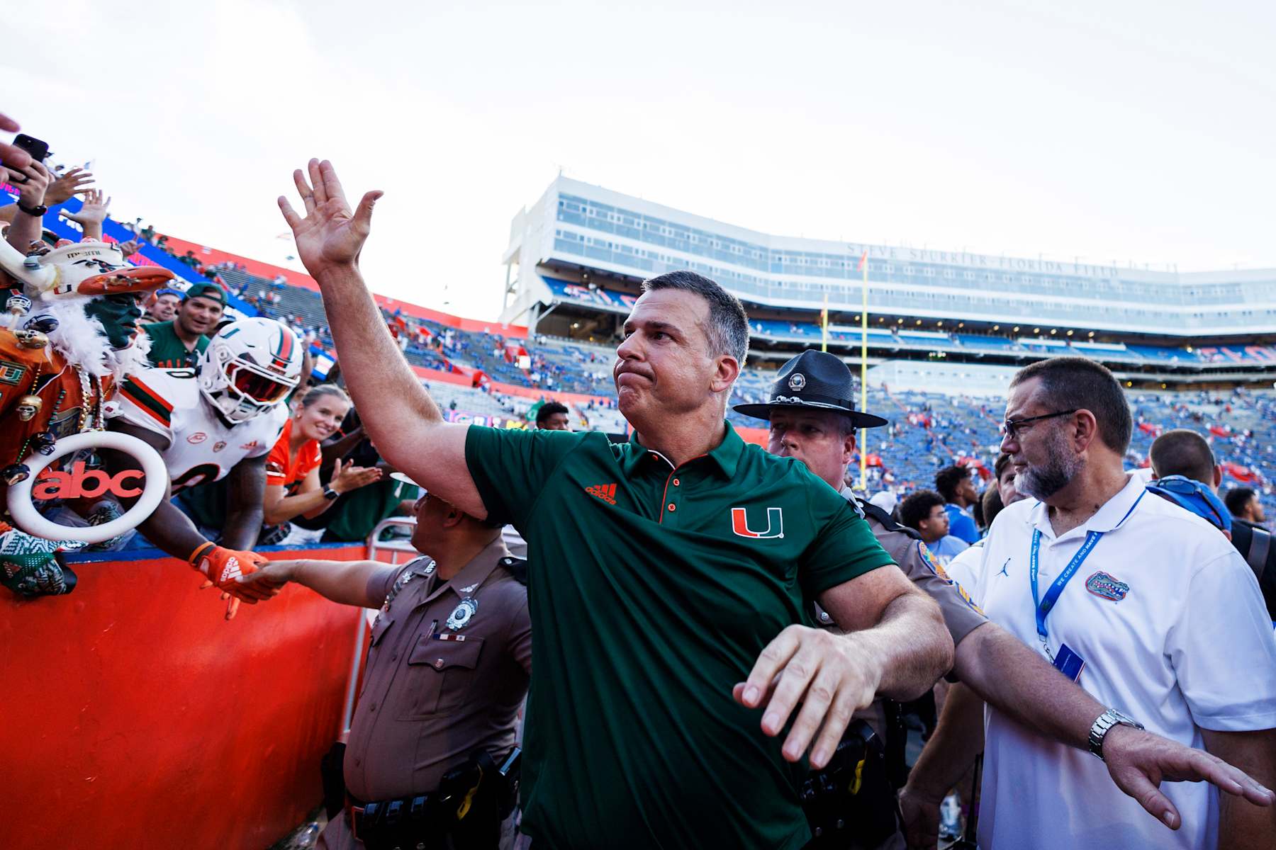GAINESVILLE, FLORIDA - AUGUST 31: Head coach Mario Cristobal of the Miami Hurricanes reacts after defeating the Florida Gators 41-17 at Ben Hill Griffin Stadium on August 31, 2024 in Gainesville, Florida. (Photo by James Gilbert/Getty Images)