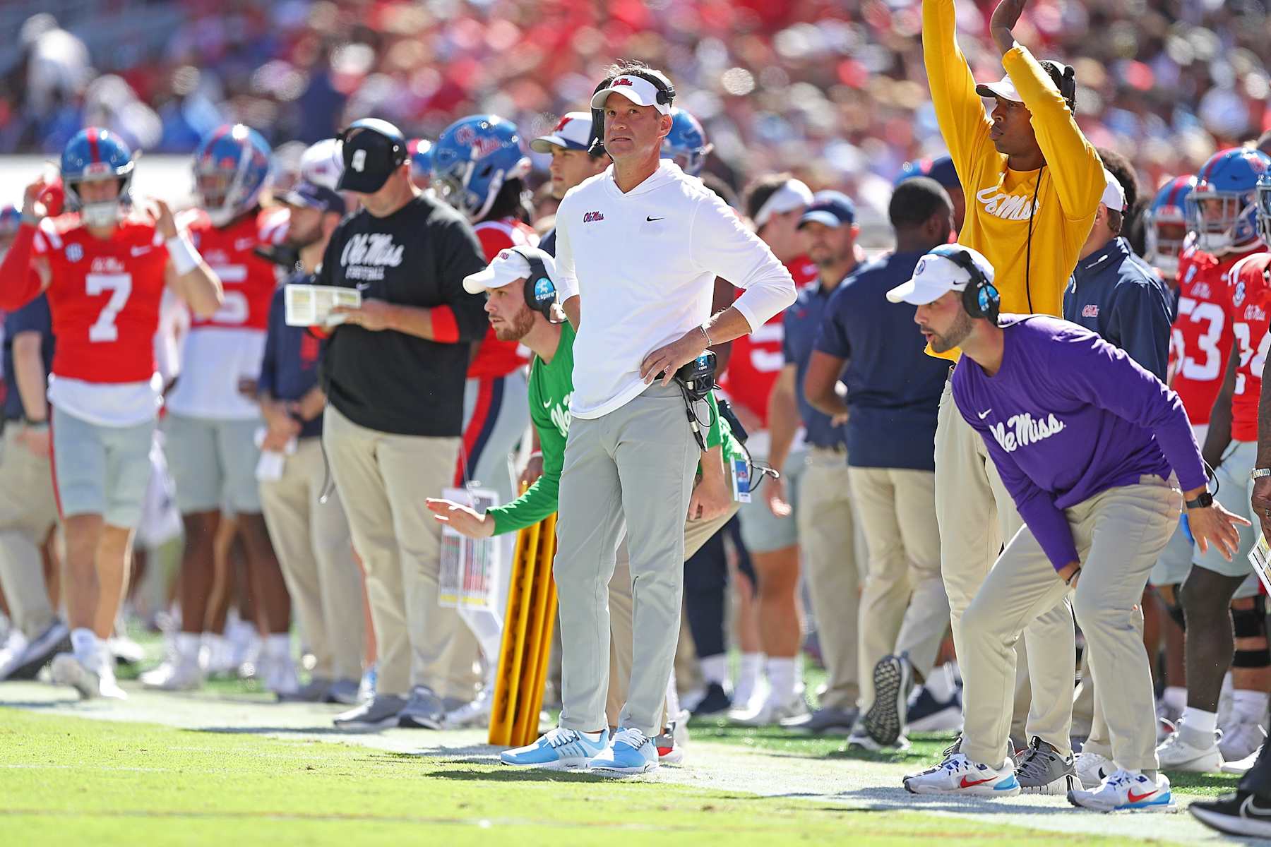 OXFORD, MISSISSIPPI - SEPTEMBER 07: Head coach Lane Kiffin of the Mississippi Rebels looks on during the game against the Middle Tennessee Blue Raiders at Vaught-Hemingway Stadium on September 07, 2024 in Oxford, Mississippi. (Photo by Justin Ford/Getty Images)