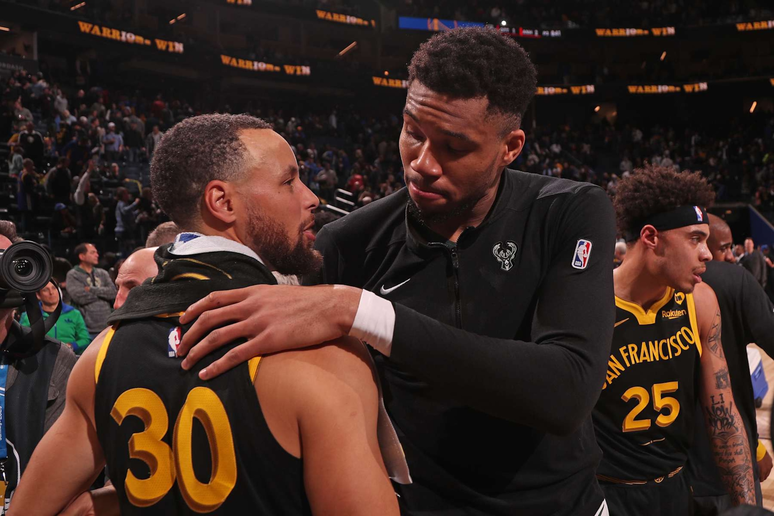 SAN FRANCISCO, CA - MARCH 6: Giannis Antetokounmpo #34 of the Milwaukee Bucks talks to Stephen Curry #30 of the Golden State Warriors after the game on March 6, 2024 at Chase Center in San Francisco, California. NOTE TO USER: User expressly acknowledges and agrees that, by downloading and or using this photograph, user is consenting to the terms and conditions of Getty Images License Agreement. Mandatory Copyright Notice: Copyright 2024 NBAE (Photo by Jed Jacobsohn/NBAE via Getty Images)