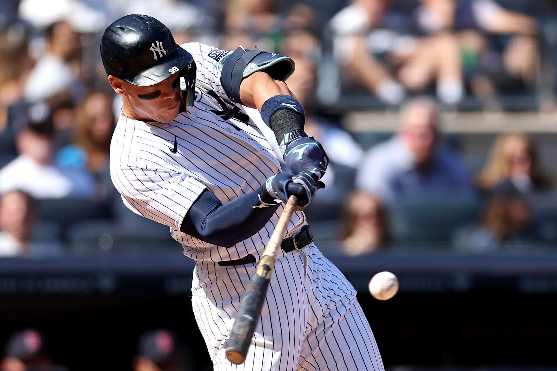 NEW YORK, NEW YORK - SEPTEMBER 15: Aaron Judge #99 of the New York Yankees hits a two-run home run against the Boston Red Sox during the third inning at Yankee Stadium on September 15, 2024 in the Bronx borough of New York City. (Photo by Luke Hales/Getty Images)