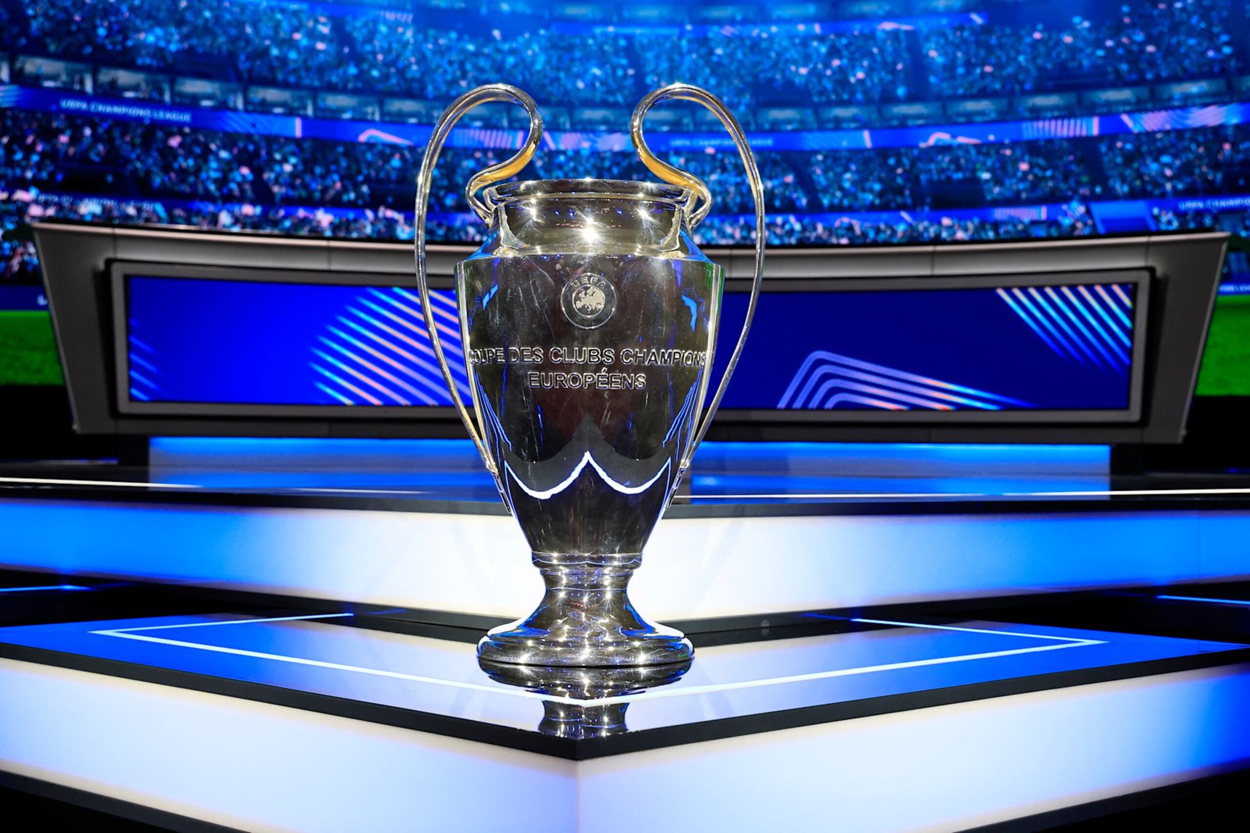 This photograph shows the UEFA Champions League trophy before the draw for the group stage of the 2024-2025 UEFA Champions League football tournament, at the Grimaldi Forum in Monaco on August 29, 2024. (Photo by Valery HACHE / AFP) (Photo by VALERY HACHE/AFP via Getty Images)