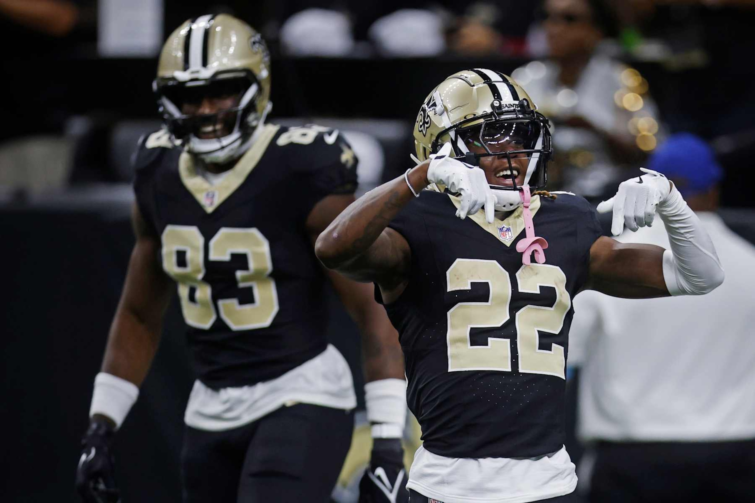 NEW ORLEANS, LOUISIANA - SEPTEMBER 08: Rashid Shaheed #22 of the New Orleans Saints celebrates after a receiving touchdown during the first quarter against the Carolina Panthers at Caesars Superdome on September 08, 2024 in New Orleans, Louisiana. (Photo by Chris Graythen/Getty Images) NEW ORLEANS, LOUISIANA - SEPTEMBER 08: Rashid Shaheed #22 of the New Orleans Saints celebrates after a receiving touchdown during the first quarter against the Carolina Panthers at Caesars Superdome on September 08, 2024 in New Orleans, Louisiana. (Photo by Chris Graythen/Getty Images)