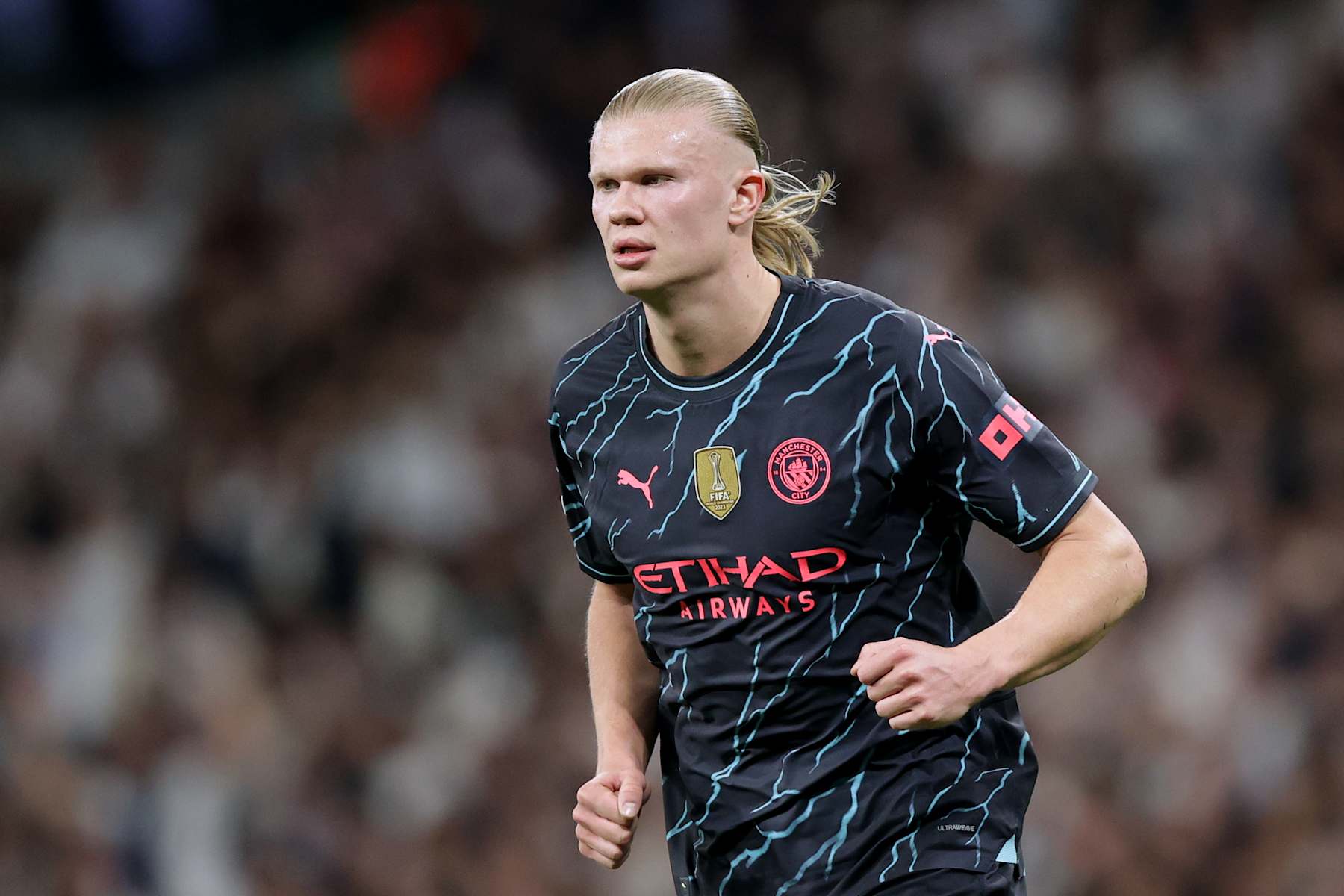 MADRID, SPAIN - APRIL 09: Erling Haaland of Manchester City FC in action during the UEFA Champions League quarter-final first leg match between Real Madrid CF and Manchester City at Estadio Santiago Bernabeu on April 09, 2024 in Madrid, Spain. (Photo by Gonzalo Arroyo - UEFA/UEFA via Getty Images)