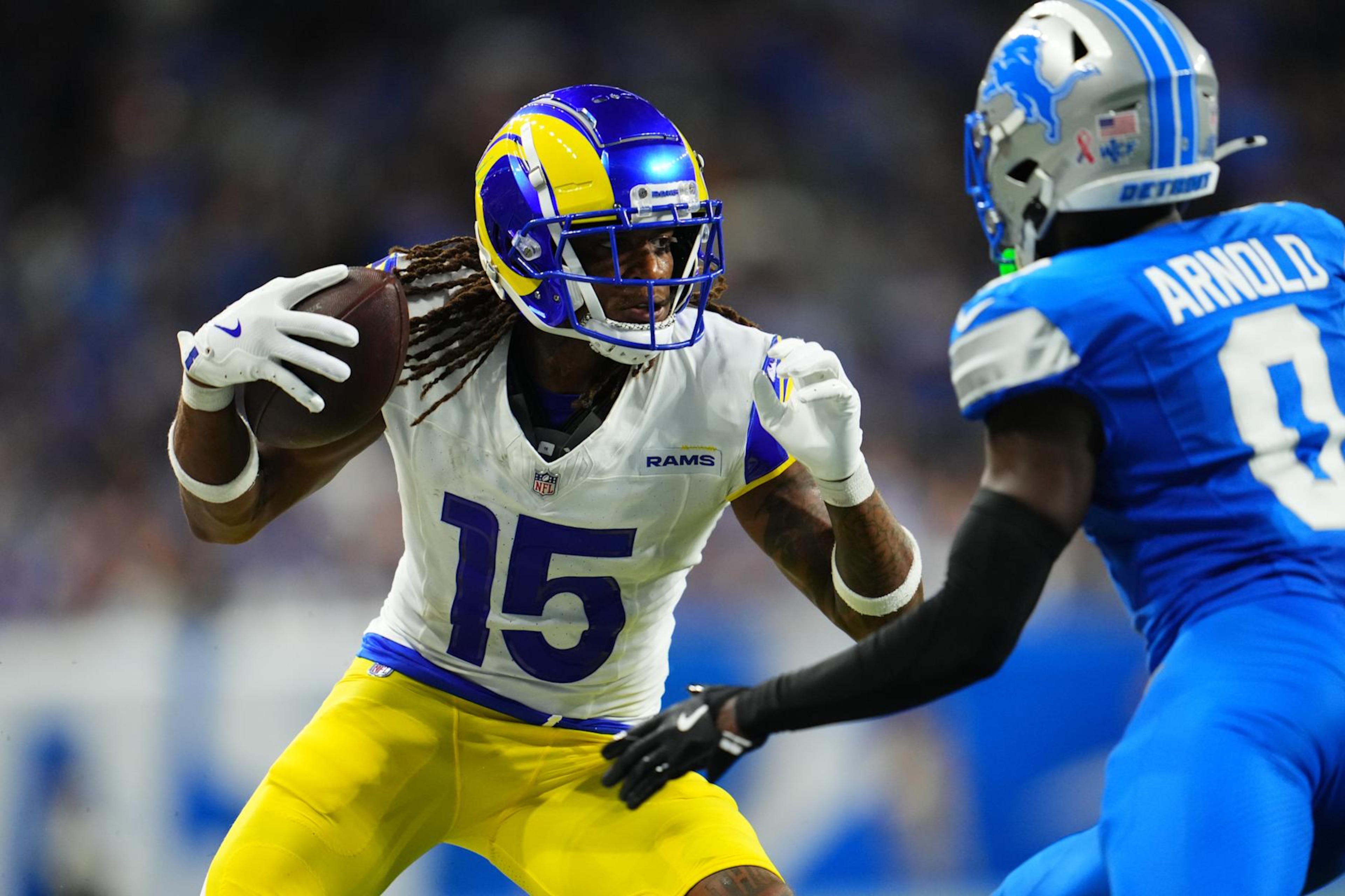 DETROIT, MI - SEPTEMBER 08: Demarcus Robinson #15 of the Los Angeles Rams runs with the ball against the Detroit Lions during an football game at Ford Field on September 8, 2024 in Detroit, Michigan. (Photo by Cooper Neill/Getty Images) DETROIT, MI - SEPTEMBER 08: Demarcus Robinson #15 of the Los Angeles Rams runs with the ball against the Detroit Lions during an football game at Ford Field on September 8, 2024 in Detroit, Michigan. (Photo by Cooper Neill/Getty Images)