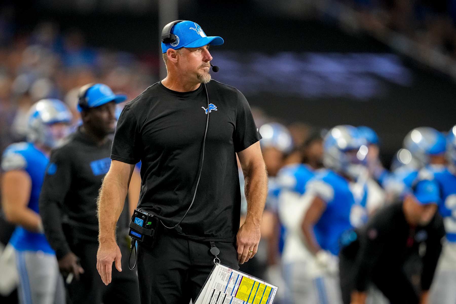 DETROIT, MICHIGAN - SEPTEMBER 15: Head coach Dan Campbell of the Detroit Lions looks on against the Tampa Bay Buccaneers during the second half at Ford Field on September 15, 2024 in Detroit, Michigan. (Photo by Nic Antaya/Getty Images)