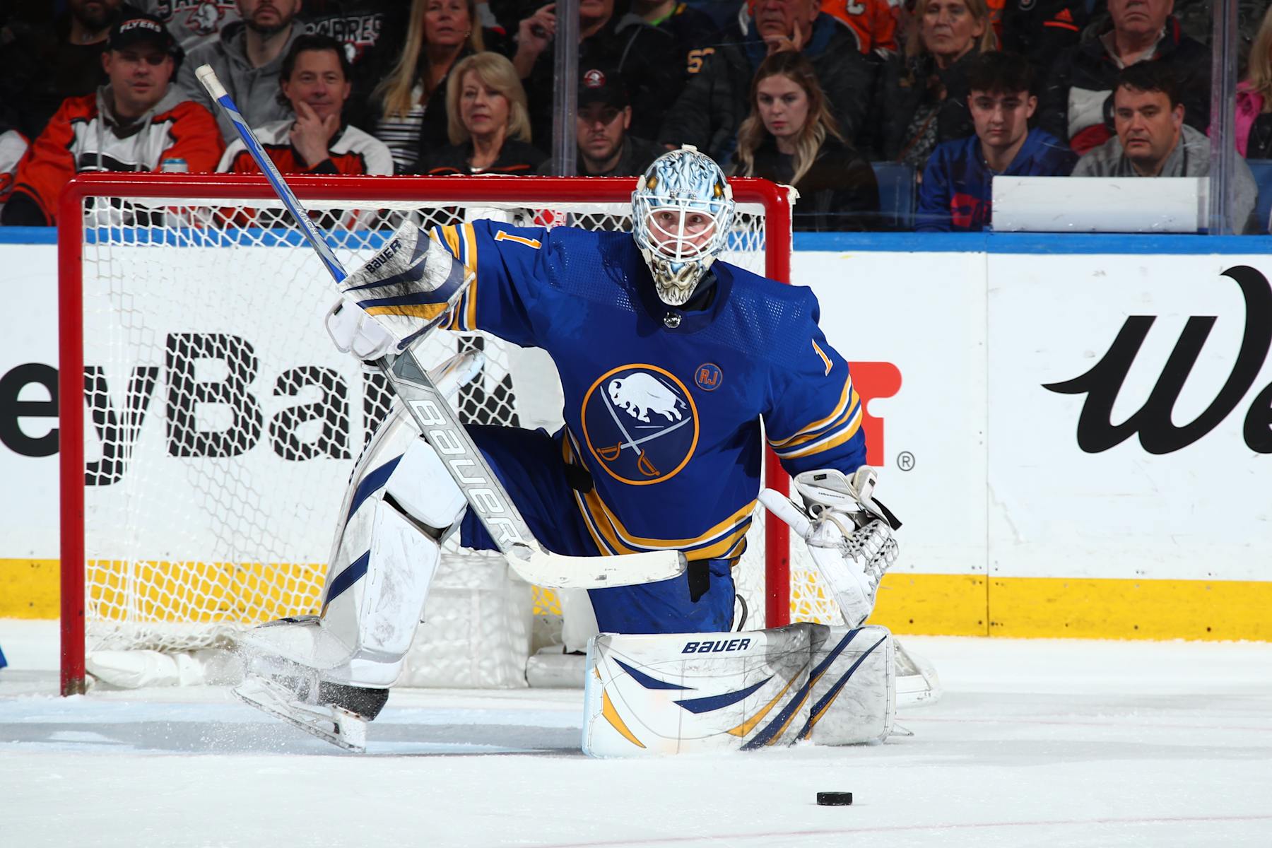 BUFFALO, NEW YORK - APRIL 5: Ukko-Pekka Luukkonen #1 of the Buffalo Sabres tends goal against the Philadelphia Flyers during an NHL game on April 5, 2024 at KeyBank Center in Buffalo, New York. (Photo by Bill Wippert/NHLI via Getty Images)