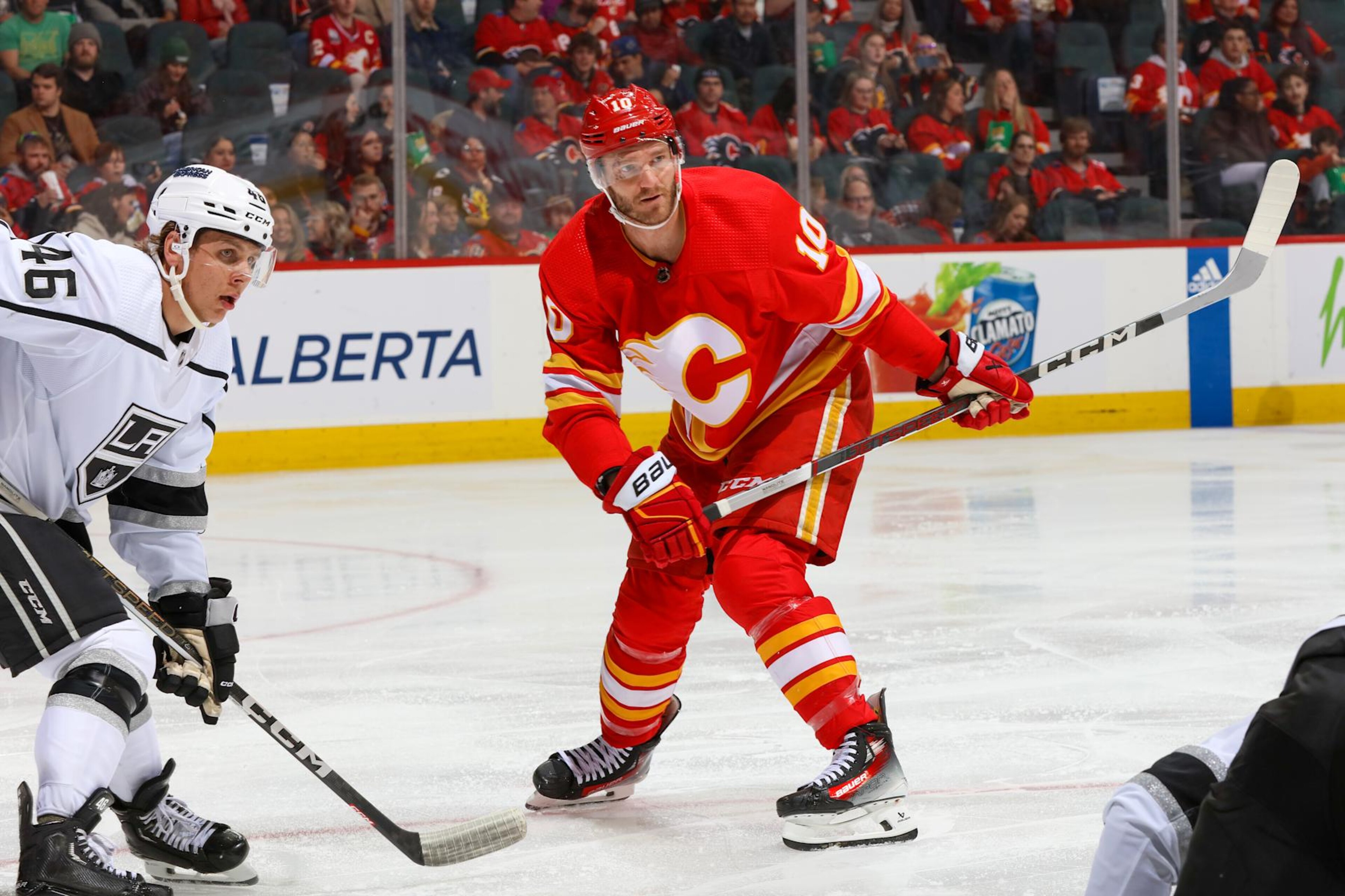 CALGARY, ALBERTA - MARCH 30: Jonathan Huberdeau #10 of the Calgary Flames skates against the Los Angeles Kings at the Scotiabank Saddledome on March 30, 2024 in Calgary, Alberta. (Photo by Gerry Thomas/NHLI via Getty Images) CALGARY, ALBERTA - MARCH 30: Jonathan Huberdeau #10 of the Calgary Flames skates against the Los Angeles Kings at the Scotiabank Saddledome on March 30, 2024 in Calgary, Alberta. (Photo by Gerry Thomas/NHLI via Getty Images)