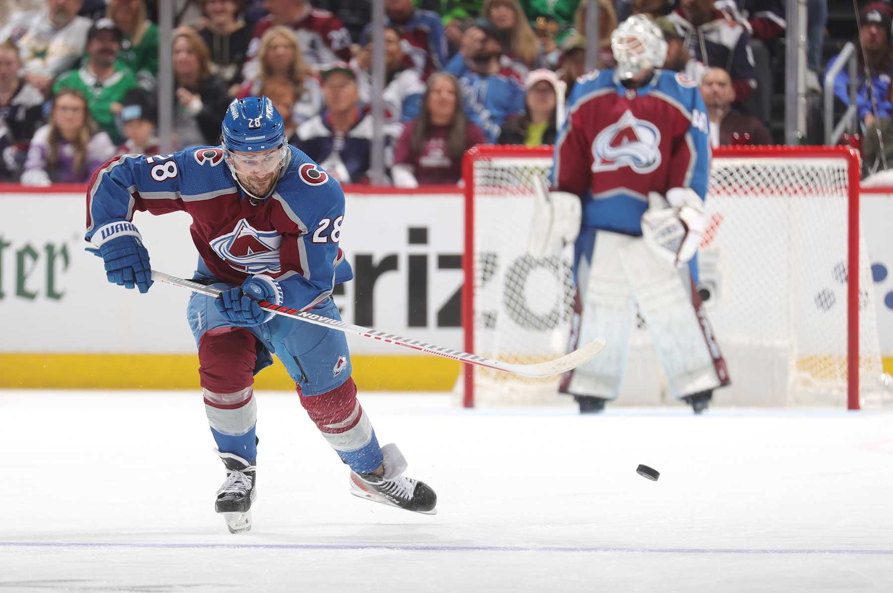 DENVER, COLORADO - MAY 11: Miles Wood #28 of the Colorado Avalanche skates against the Dallas Stars in Game Three of the Second Round of the 2024 Stanley Cup Playoffs at Ball Arena on May 11, 2024 in Denver, Colorado. (Photo by Michael Martin/NHLI via Getty Images)