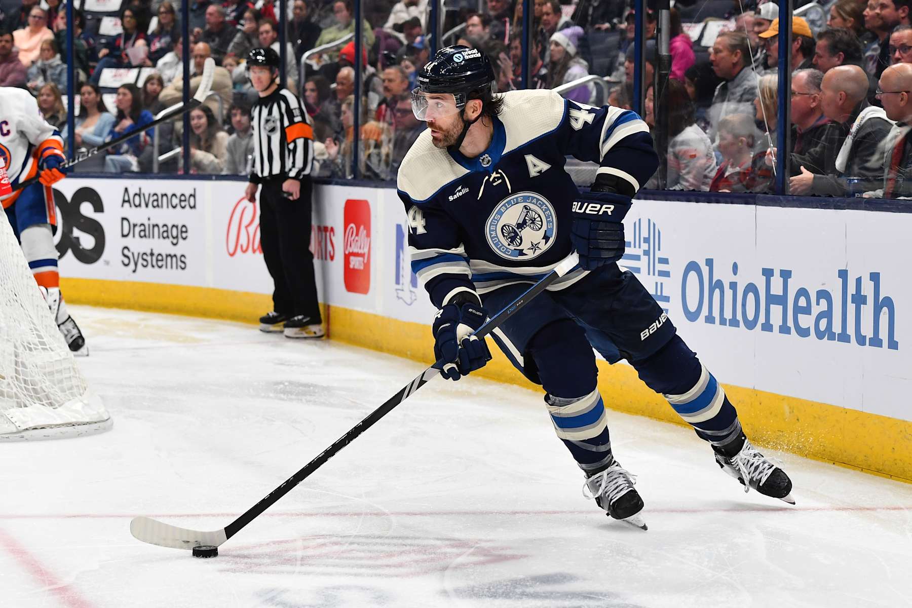 COLUMBUS, OHIO - APRIL 4: Erik Gudbranson #44 of the Columbus Blue Jackets skates with the puck during the second period of a game against the New York Islanders at Nationwide Arena on April 4, 2024 in Columbus, Ohio. (Photo by Ben Jackson/NHLI via Getty Images)