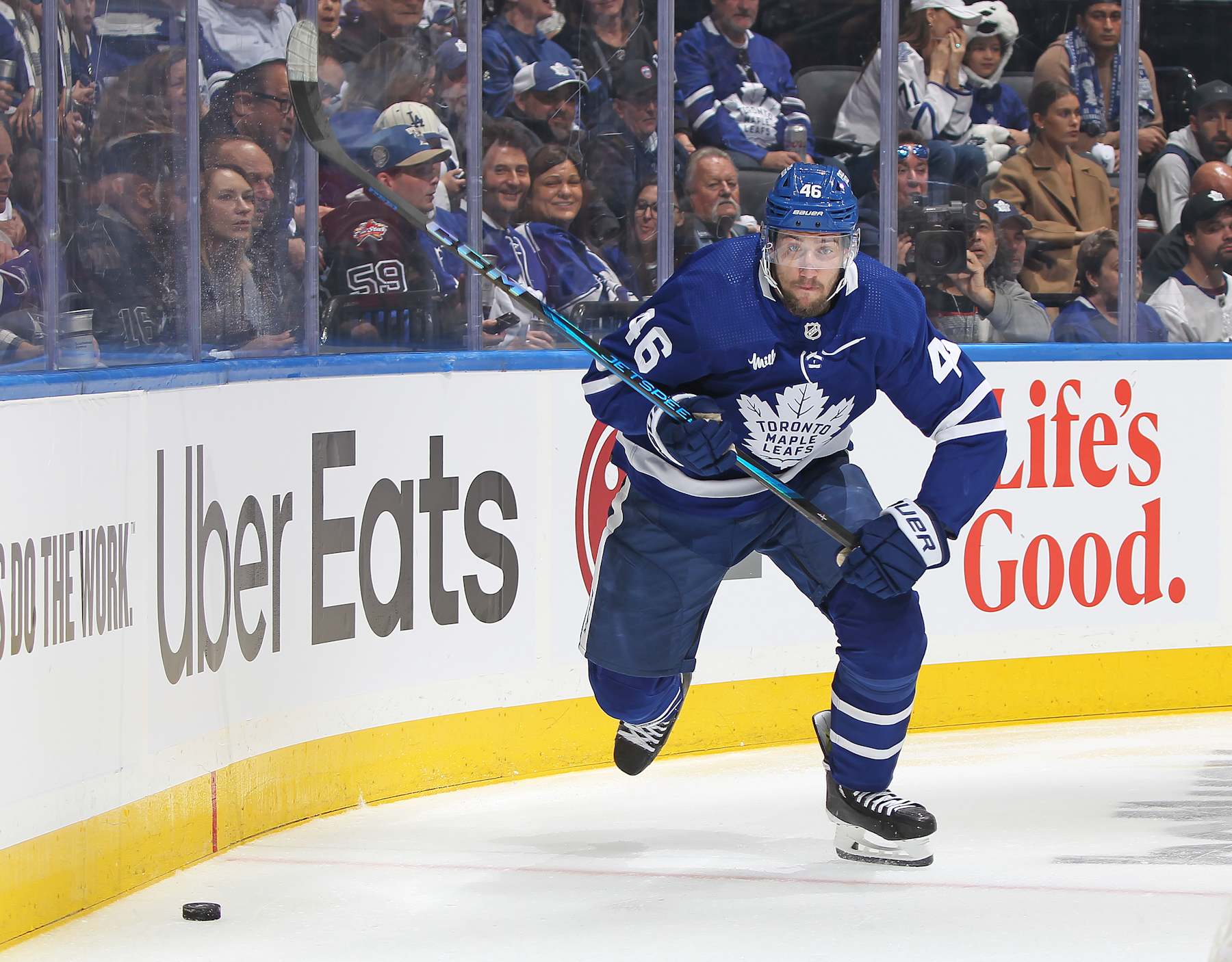TORONTO, CANADA - MAY 2:  Ilya Lyubushkin #46 of the Toronto Maple Leafs skates after the puck against the Boston Bruins during the First period in Game Six of the First Round of the 2024 Stanley Cup Playoffs at Scotiabank Arena on May 2, 2024 in Toronto, Ontario, Canada. The Maple Leafs defeated the Bruins 2-1. (Photo by Claus Andersen/Getty Images)