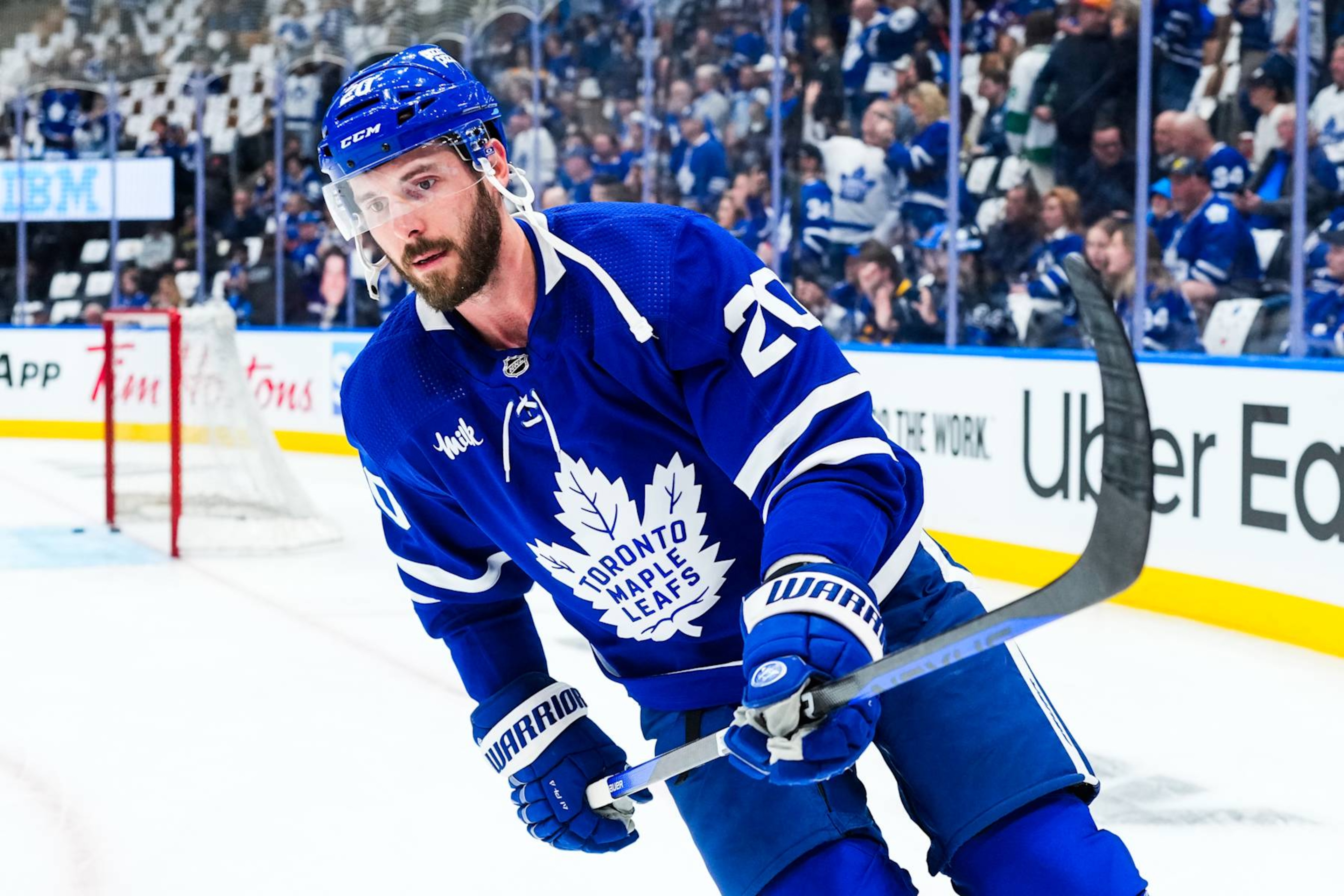 TORONTO, ON - MAY 2: Joel Edmundson #20 of the Toronto Maple Leafs skates during warmups before facing the Boston Bruins in Game Six of the First Round of the 2024 Stanley Cup Playoffs at Scotiabank Arena on May 2, 2024 in Toronto, Ontario, Canada. (Photo by Kevin Sousa/NHLI via Getty Images) TORONTO, ON - MAY 2: Joel Edmundson #20 of the Toronto Maple Leafs skates during warmups before facing the Boston Bruins in Game Six of the First Round of the 2024 Stanley Cup Playoffs at Scotiabank Arena on May 2, 2024 in Toronto, Ontario, Canada. (Photo by Kevin Sousa/NHLI via Getty Images)