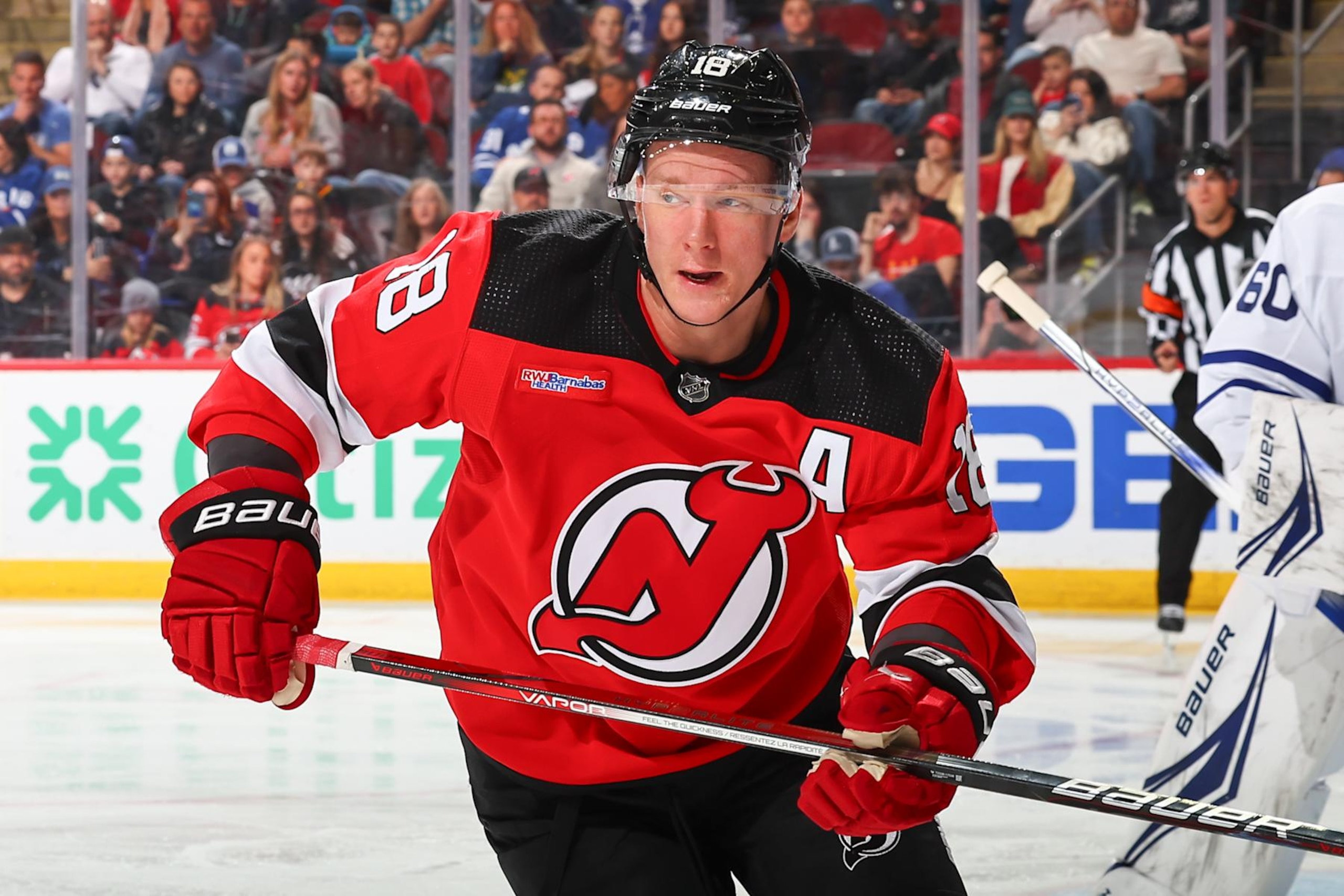 NEWARK, NJ - APRIL 09: Ondrej Palat #18 of the New Jersey Devils skates during the game against the Toronto Maple Leafs at the Prudential Center on April 9, 2024 in Newark, New Jersey.  (Photo by Rich Graessle/NHLI via Getty Images)