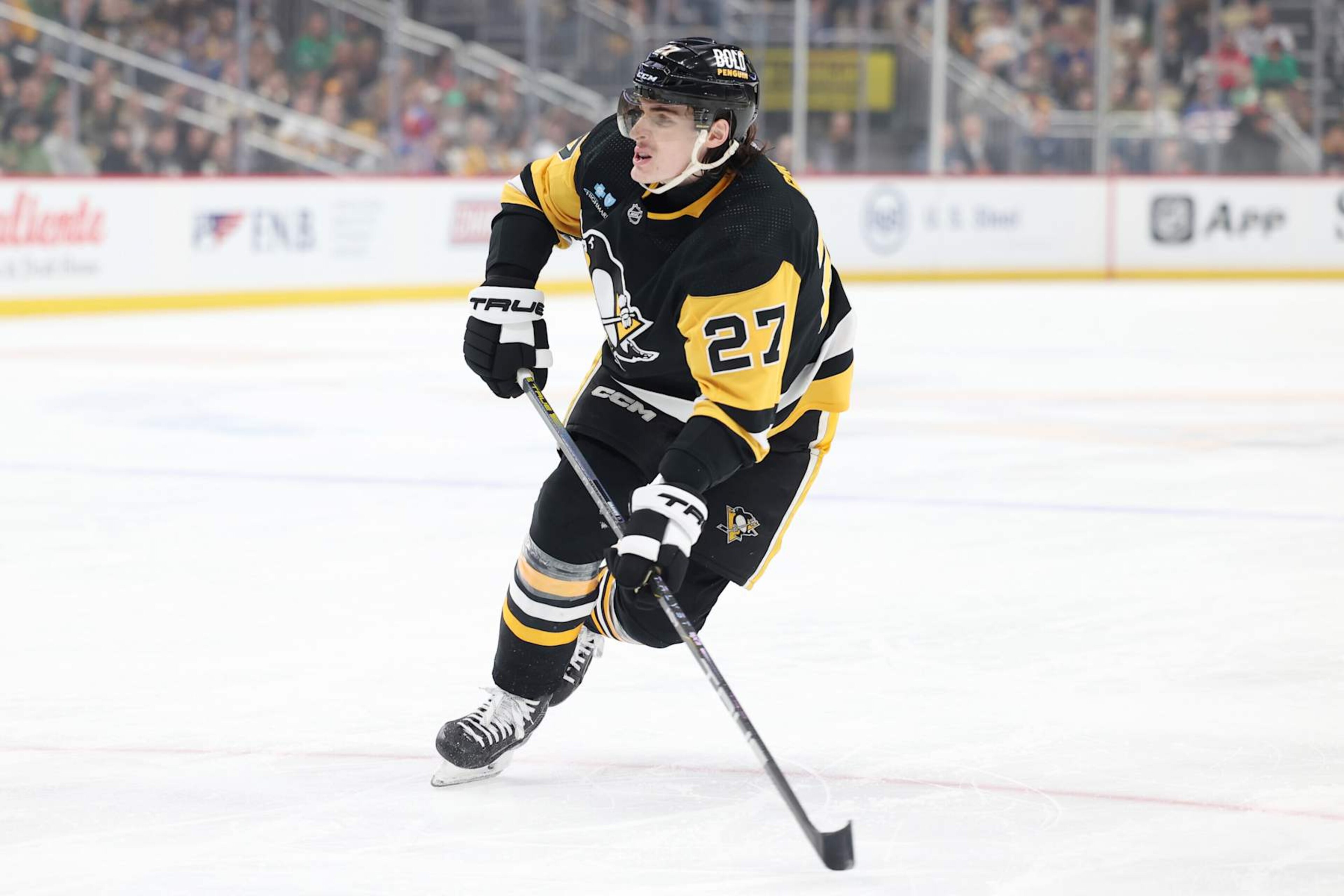 PITTSBURGH, PENNSYLVANIA - MARCH 16: Ryan Graves #27 of the Pittsburgh Penguins during the game against the New York Rangers at PPG PAINTS Arena on March 16, 2024 in Pittsburgh, Pennsylvania. (Photo by Katie Januck/Getty Images) PITTSBURGH, PENNSYLVANIA - MARCH 16: Ryan Graves #27 of the Pittsburgh Penguins during the game against the New York Rangers at PPG PAINTS Arena on March 16, 2024 in Pittsburgh, Pennsylvania. (Photo by Katie Januck/Getty Images)