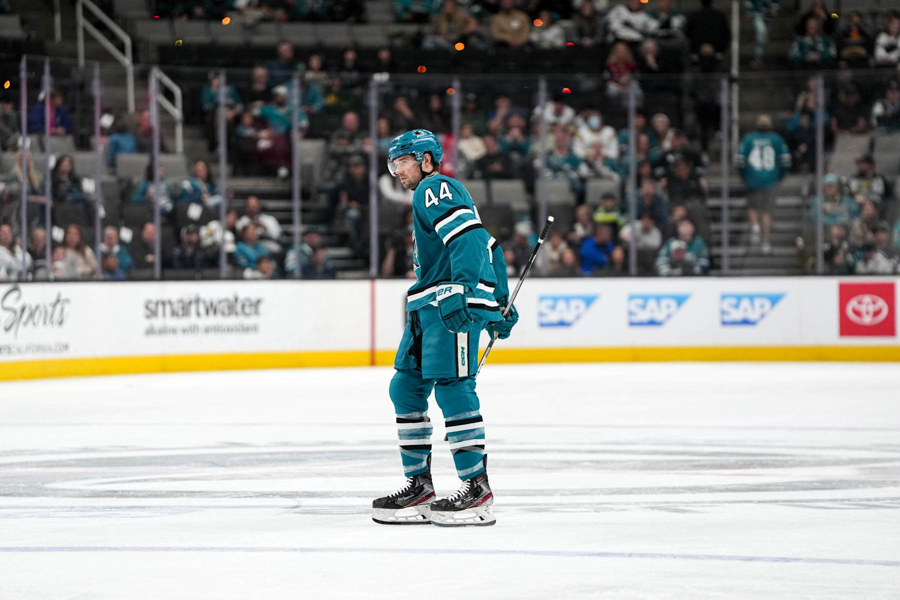 SAN JOSE, CALIFORNIA - APRIL 7: Marc-Edouard Vlasic #44 of the San Jose Sharks skating during the first period against the Arizona Coyotes at SAP Center on April 7, 2024 in San Jose, California. (Photo by Andreea Cardani/NHLI via Getty Images)