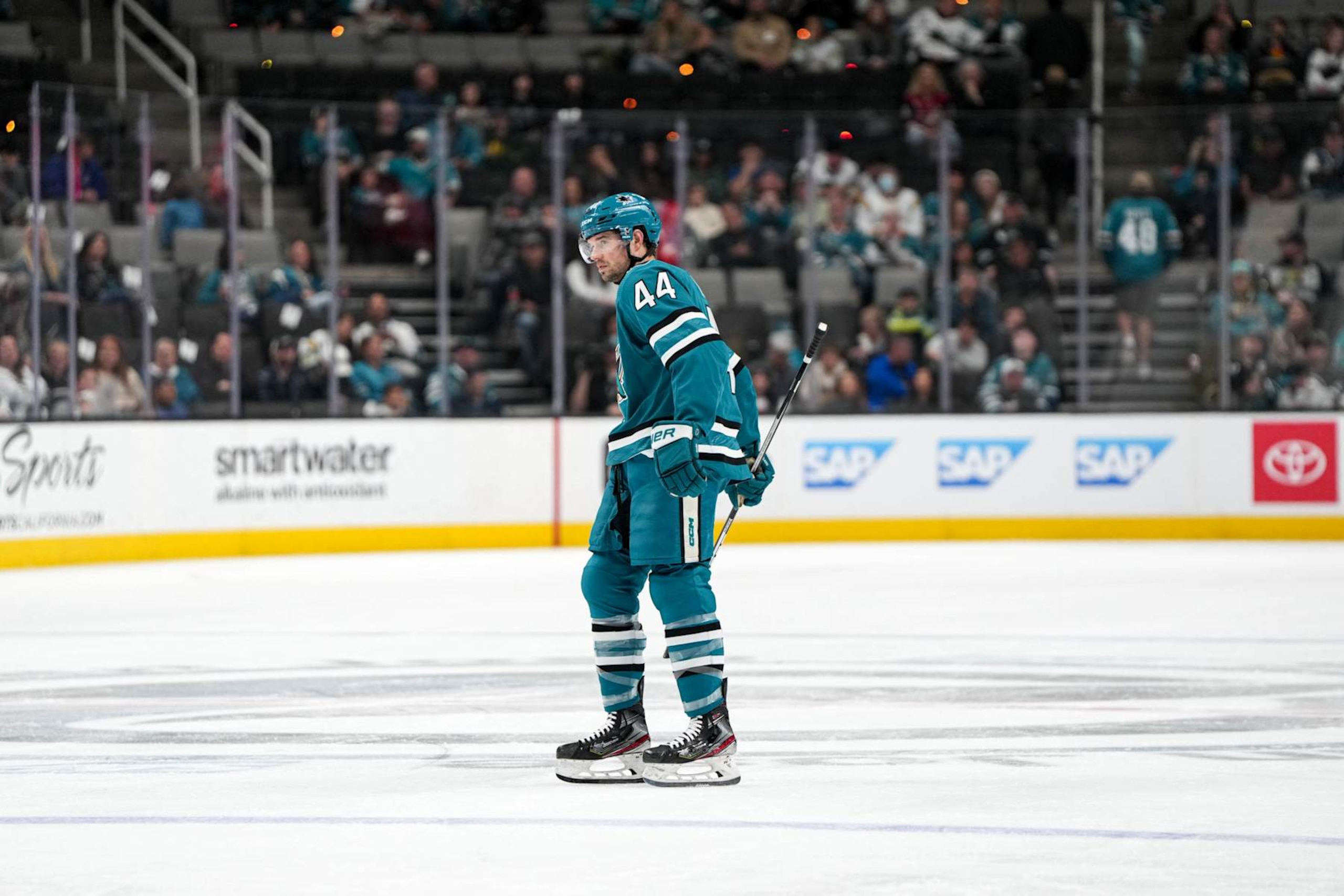 SAN JOSE, CALIFORNIA - APRIL 7: Marc-Edouard Vlasic #44 of the San Jose Sharks skating during the first period against the Arizona Coyotes at SAP Center on April 7, 2024 in San Jose, California. (Photo by Andreea Cardani/NHLI via Getty Images)