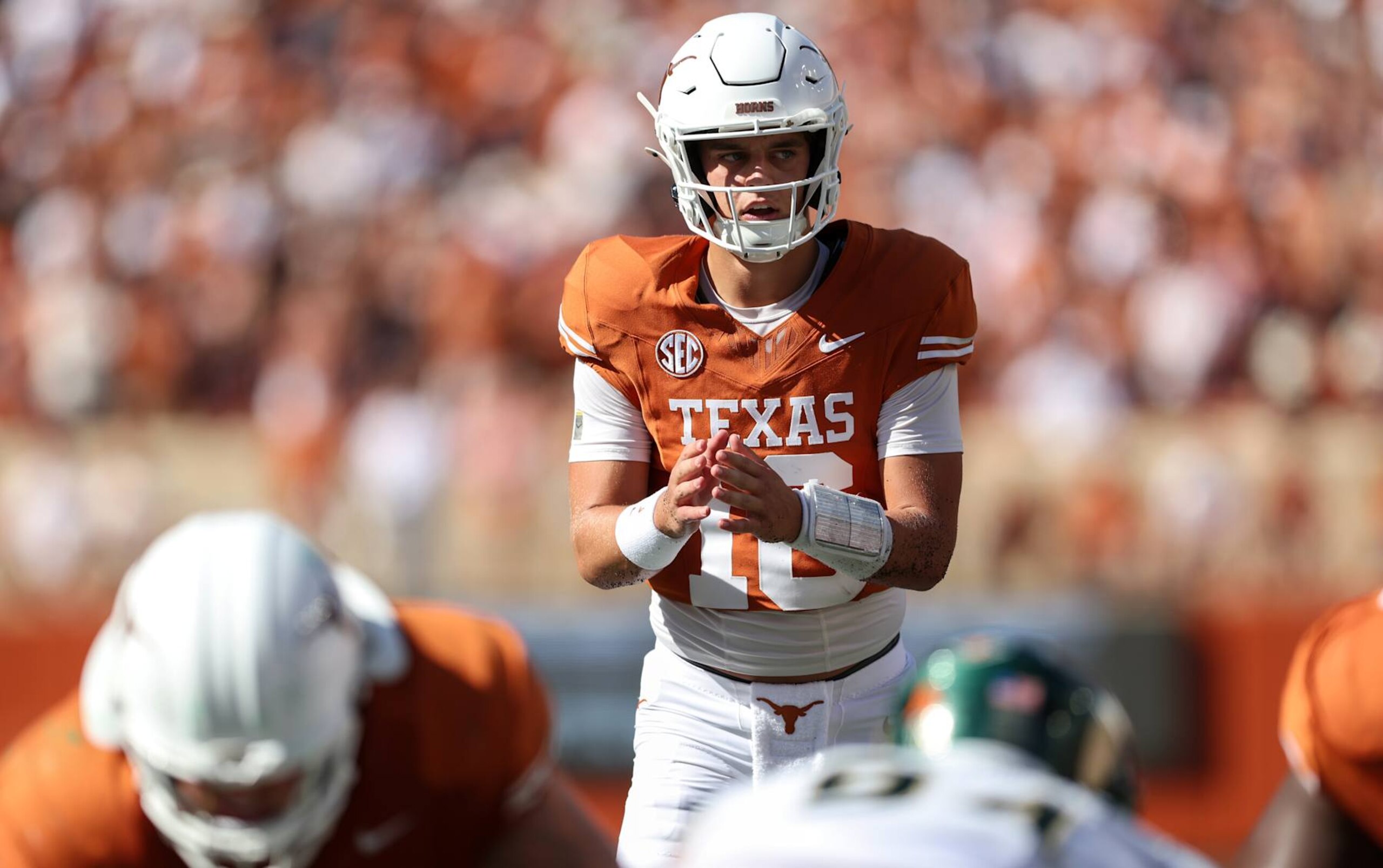 AUSTIN, TEXAS - AUGUST 31: Arch Manning #16 of the Texas Longhorns awaits the snap in the third quarter against the Colorado State Rams at Darrell K Royal-Texas Memorial Stadium on August 31, 2024 in Austin, Texas. (Photo by Tim Warner/Getty Images)