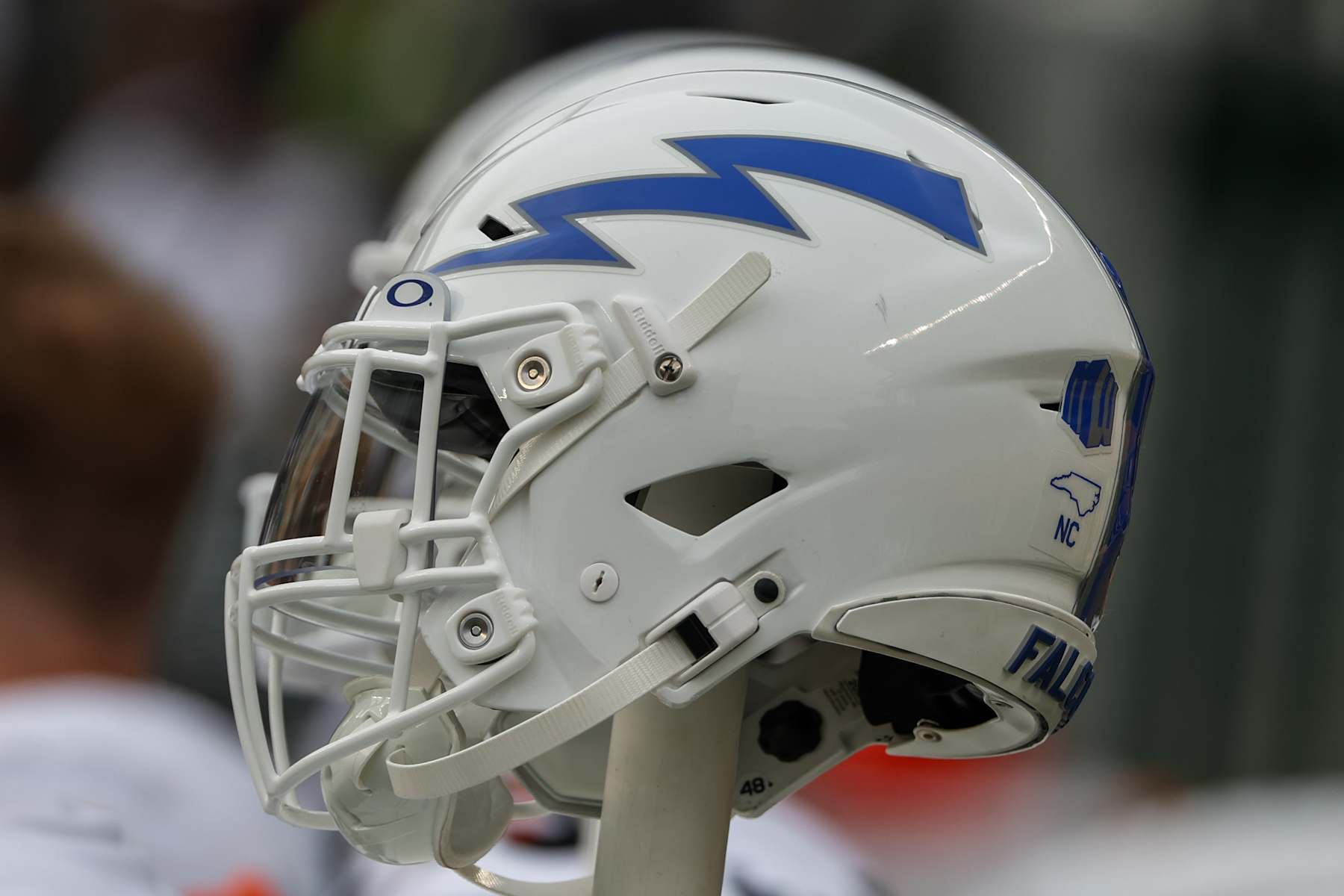 WACO, TX - SEPTEMBER 14: An Air Force helmets displays the lighting bolt logo before the college football game between Baylor Bears and Air Force Falcons on September 14, 2024, at McLane Stadium in Waco, TX.  (Photo by David Buono/Icon Sportswire via Getty Images)