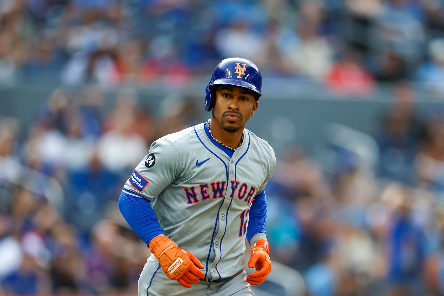 TORONTO, CANADA - SEPTEMBER 11: Francisco Lindor #12 of the New York Mets reacts after hitting a solo home run in the ninth inning during a game against the Toronto Blue Jays at Rogers Centre on September 11, 2024 in Toronto, Canada. (Photo by Brandon Sloter/Image Of Sport/Getty Images)