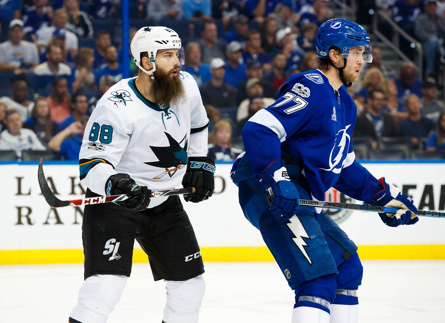 TAMPA, FL - DECEMBER 2: Brent Burns #88 of the San Jose Sharks skates against Victor Hedman #77 of the Tampa Bay Lightning during the second period at Amalie Arena on December 2, 2017 in Tampa, Florida. (Photo by Scott Audette/NHLI via Getty Images)