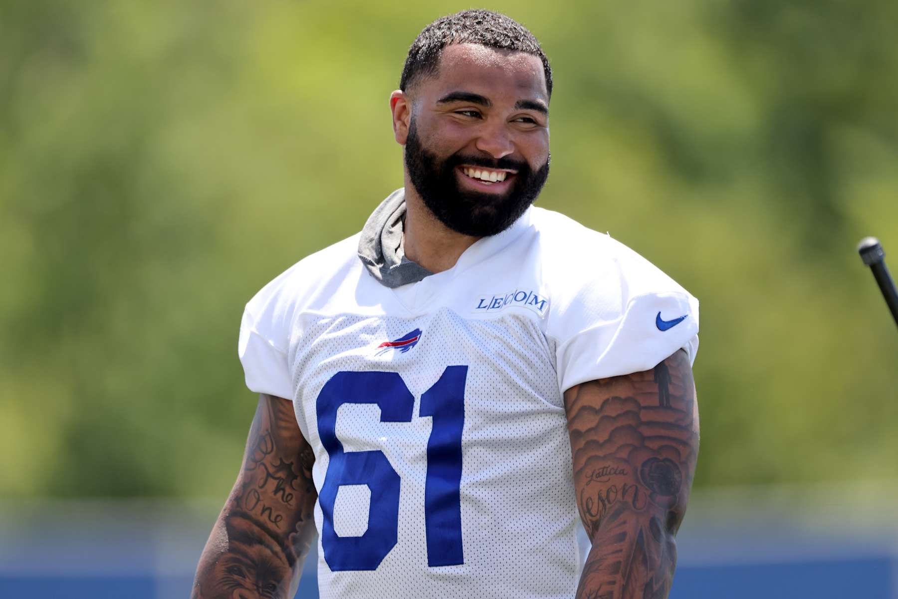 ORCHARD PARK, NEW YORK - JUNE 13: Gable Steveson #61 of the Buffalo Bills walks off the field after Buffalo Bills mandatory mini camp on June 13, 2024 in Orchard Park, New York. (Photo by Bryan Bennett/Getty Images)