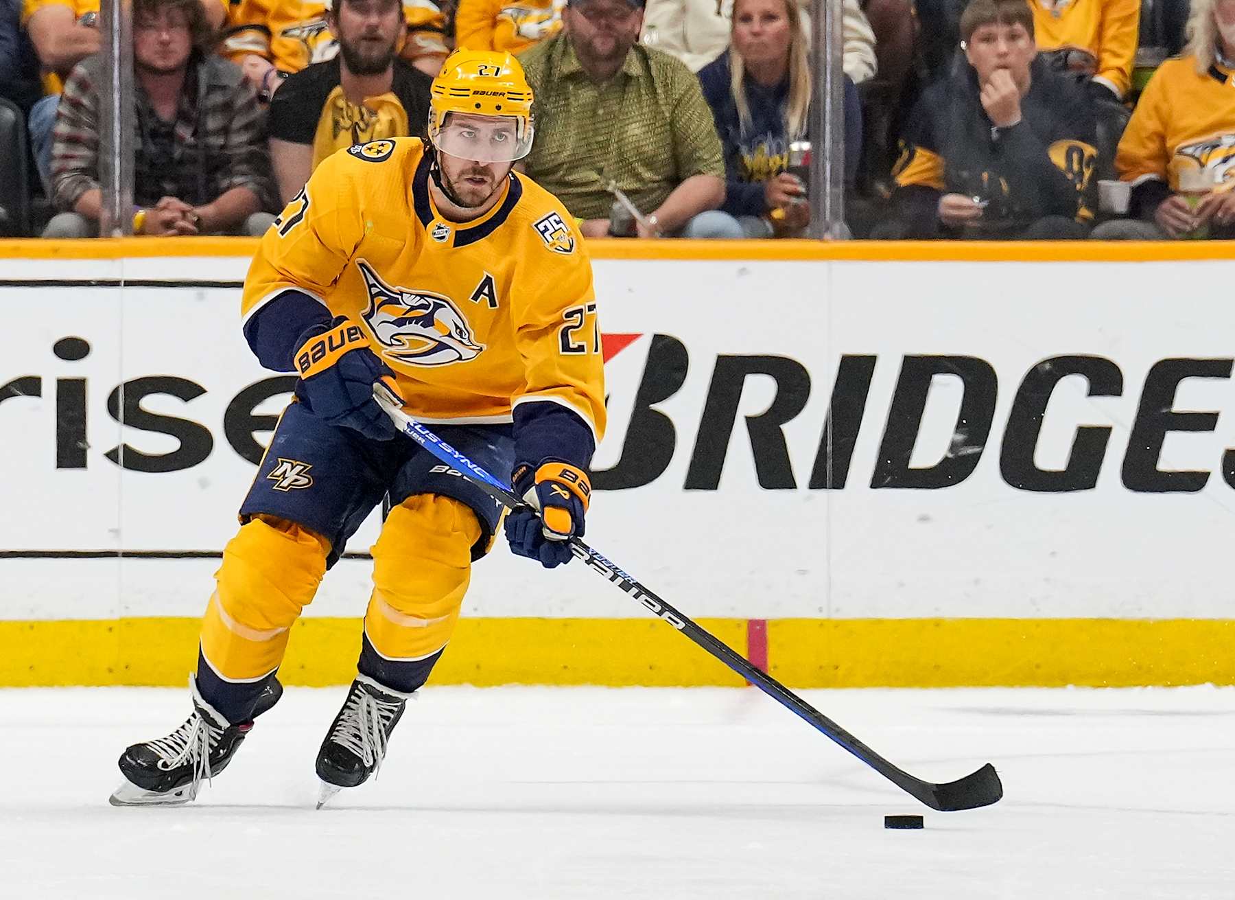 NASHVILLE, TENNESSEE - MAY 3: Ryan McDonagh #27 of the Nashville Predators skates against the Vancouver Canucks in Game Six of the First Round of the 2024 Stanley Cup Playoffs at Bridgestone Arena on May 3, 2024 in Nashville, Tennessee. (Photo by John Russell/NHLI via Getty Images)