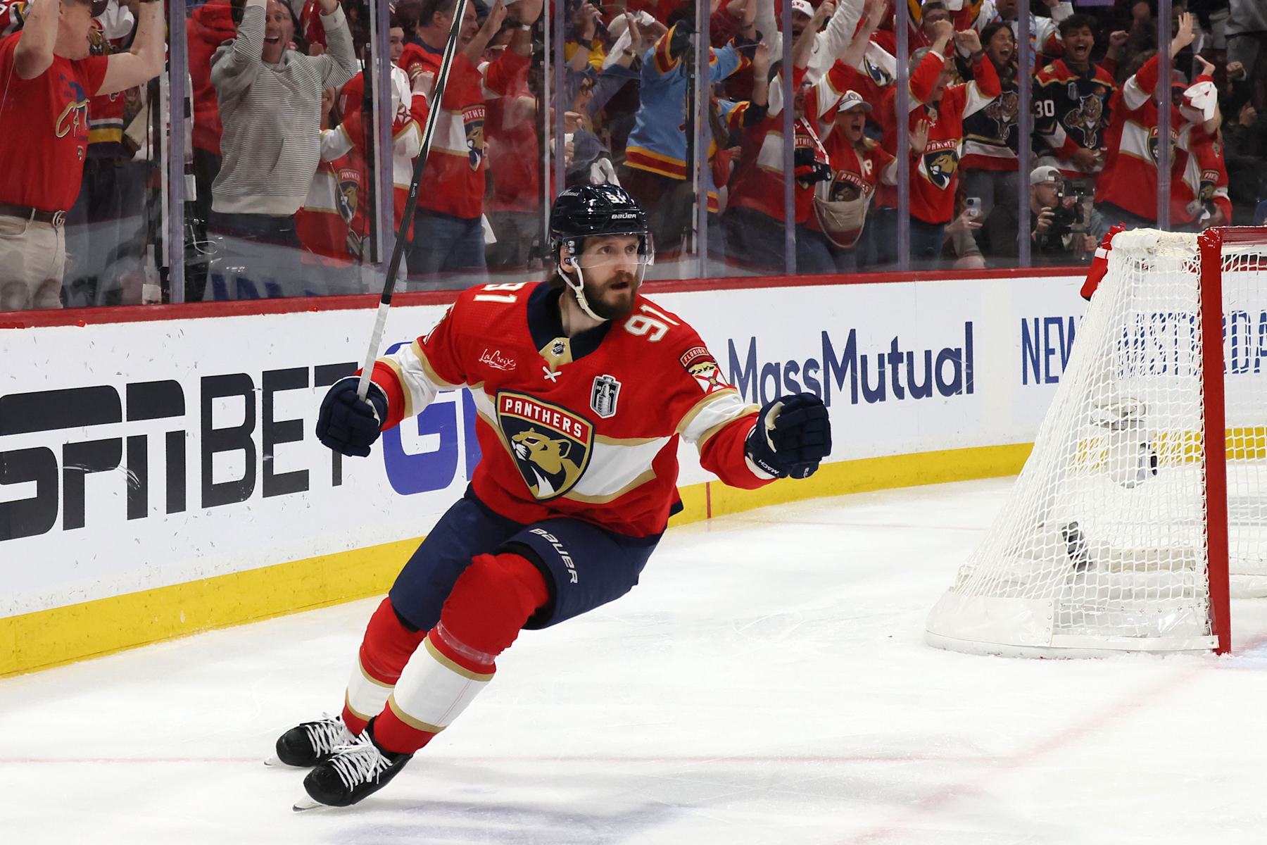 SUNRISE, FLORIDA - JUNE 18: Oliver Ekman-Larsson #91 of the Florida Panthers reacts after scoring a goal during the third period against the Edmonton Oilers in Game Five of the 2024 Stanley Cup Final at Amerant Bank Arena on June 18, 2024 in Sunrise, Florida.  (Photo by Bruce Bennett/Getty Images)
