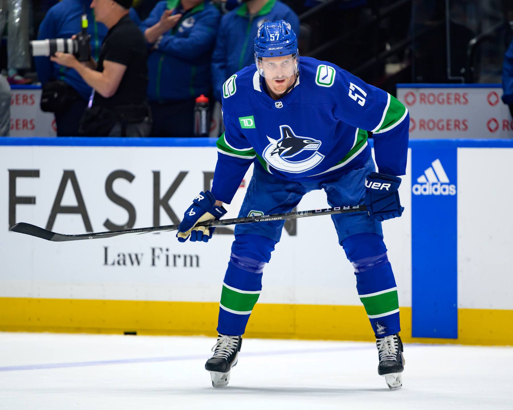 VANCOUVER, CANADA - MAY 20: Tyler Myers #57 of the Vancouver Canucks skates during warm-up prior to Game Seven of the Second Round of the 2024 Stanley Cup Playoffs against the Edmonton Oilers at Rogers Arena on May 20, 2024 in Vancouver, British Columbia, Canada. (Photo by Derek Cain/Getty Images)